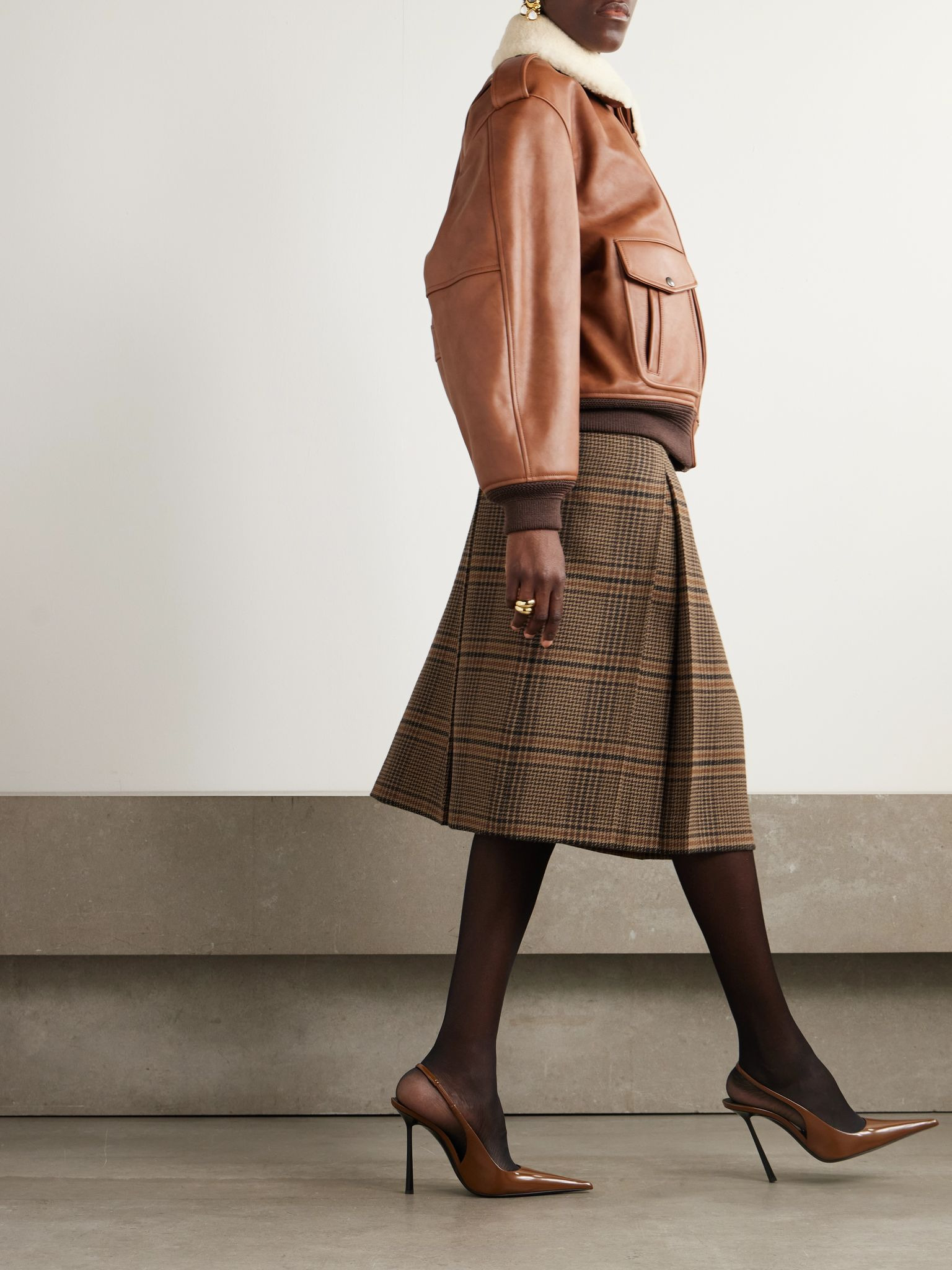 Prince of Wales checked wool midi skirt Brown - 2