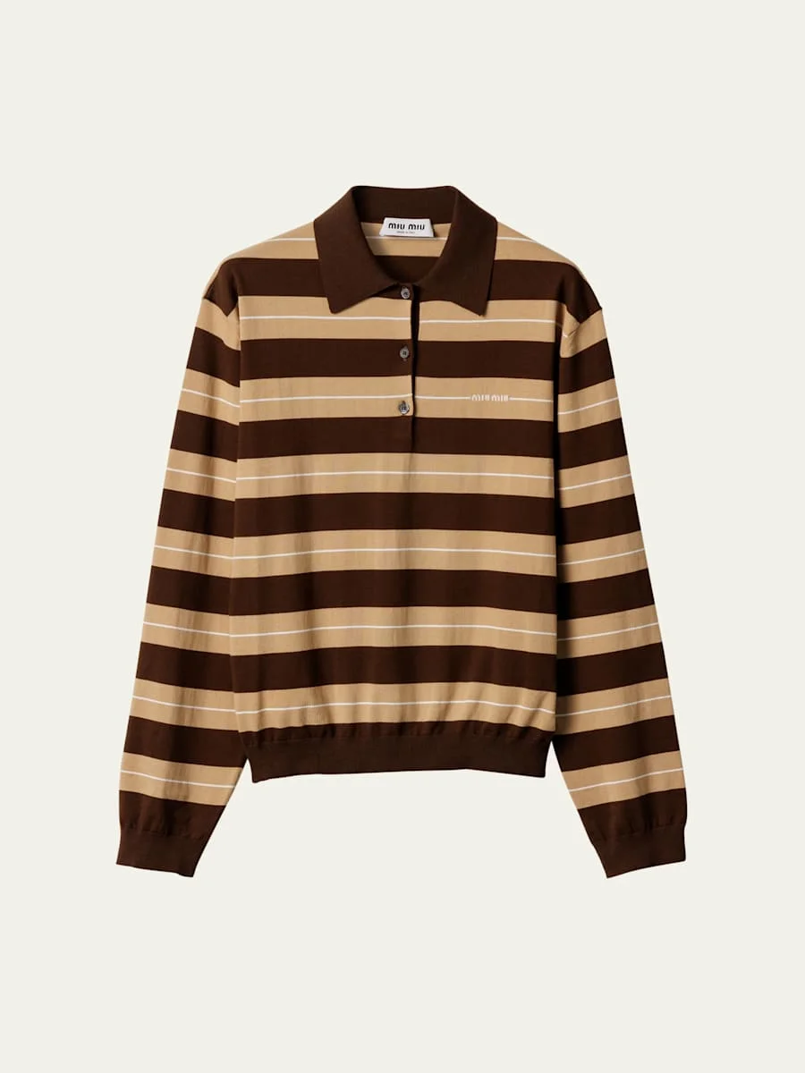 Striped Cotton Knit Long-Sleeve Polo - 1