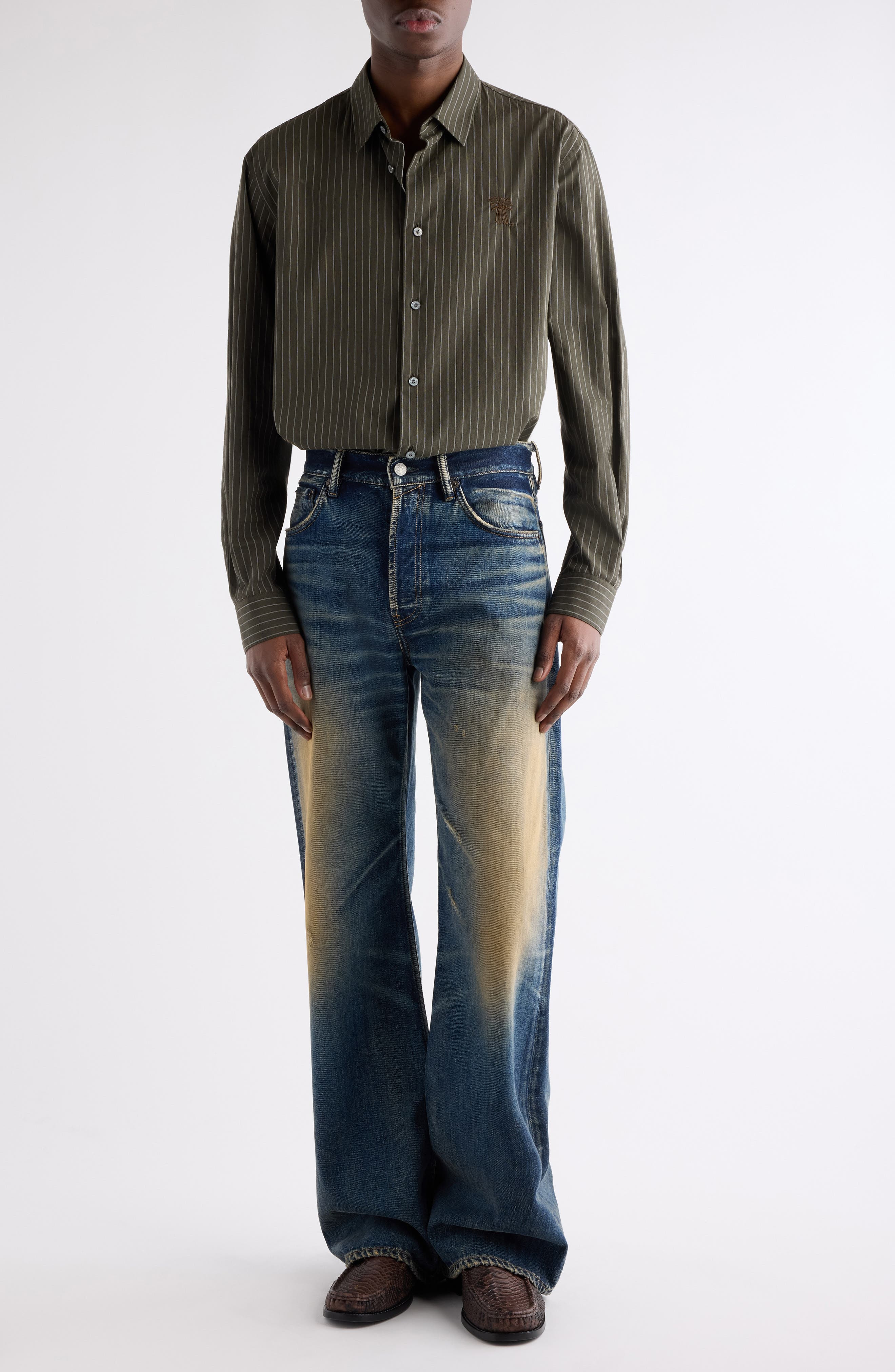 Acne Studios Sarow Stripe Poplin Button-Up Shirt in Green Melange at Nordstrom - 2