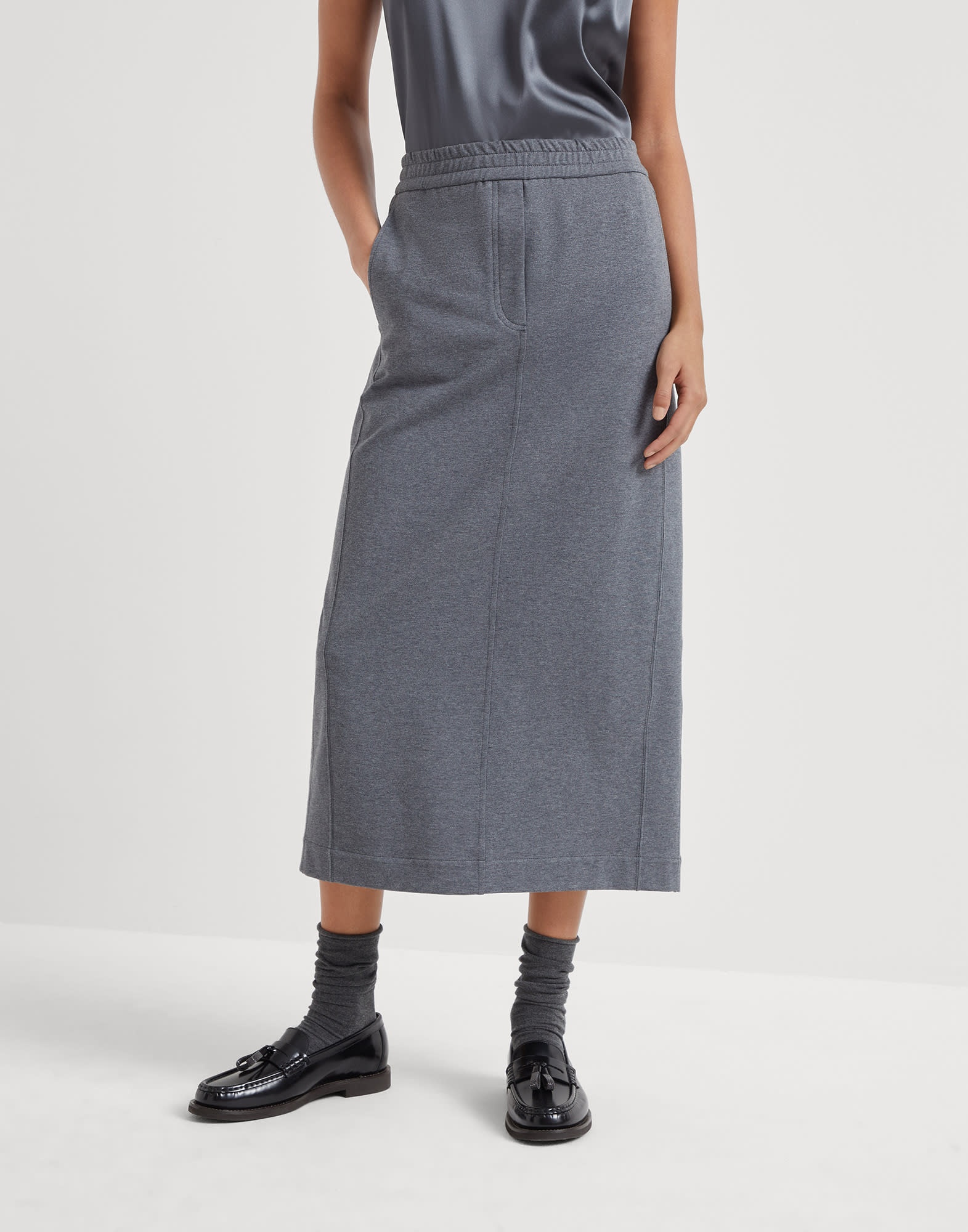Stretch cotton lightweight French terry midi track skirt - 1
