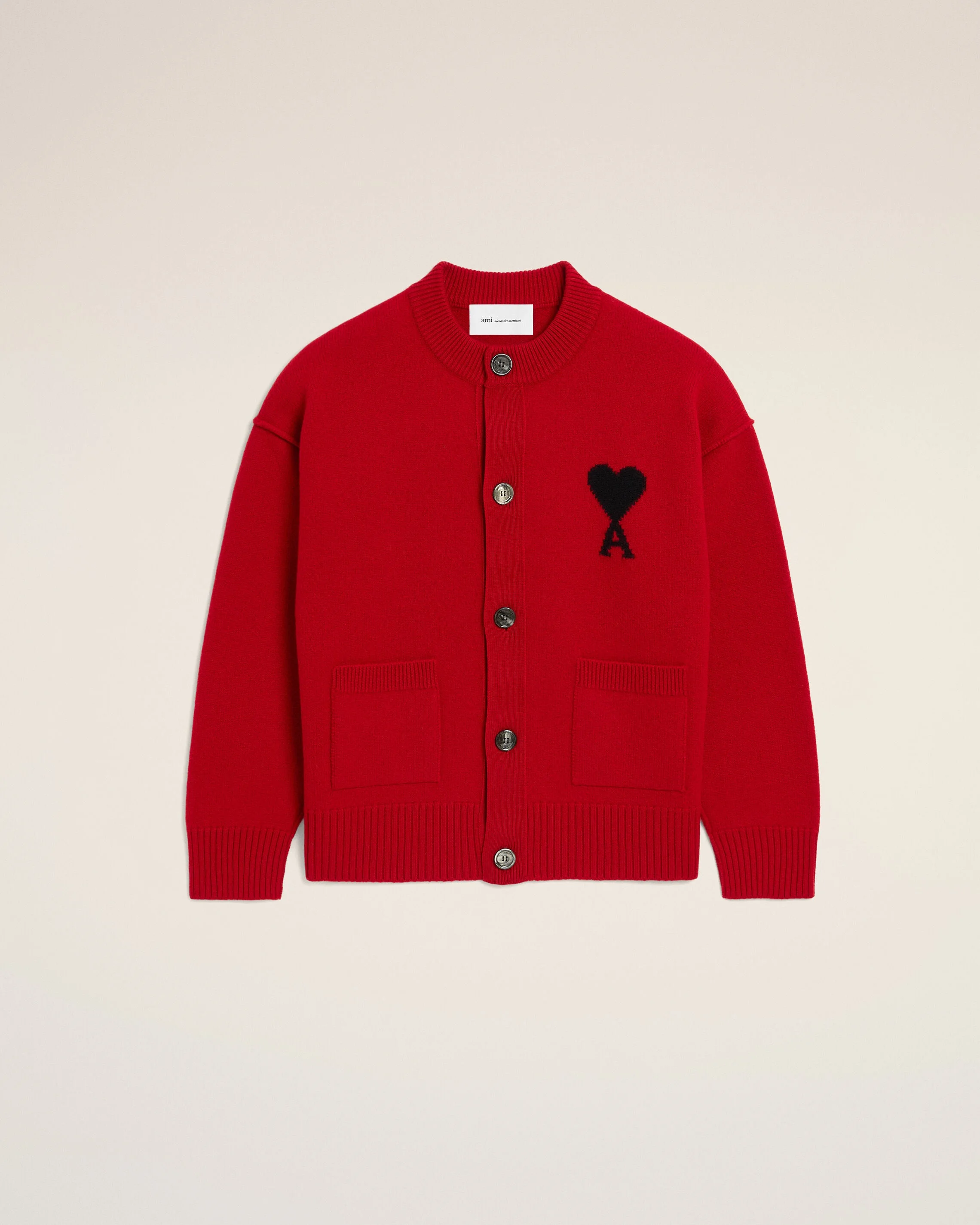 RED CREWNECK WOOL CARDIGAN WITH AMI DE COEUR - 1