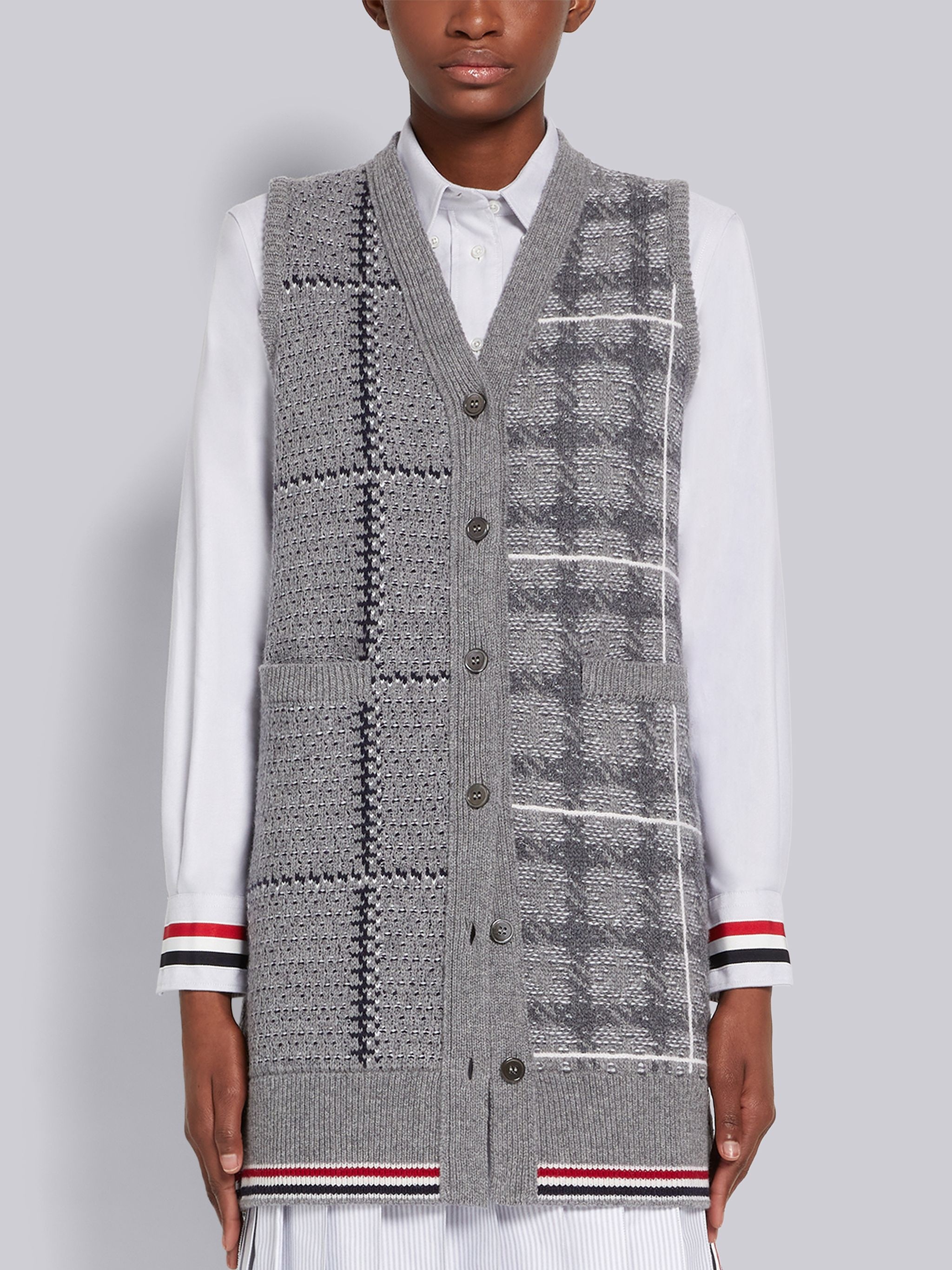 Fun-Mix Windowpane and Gunclub Check Fine Merino Wool Jacquard Cardigan Vest Dress - 1