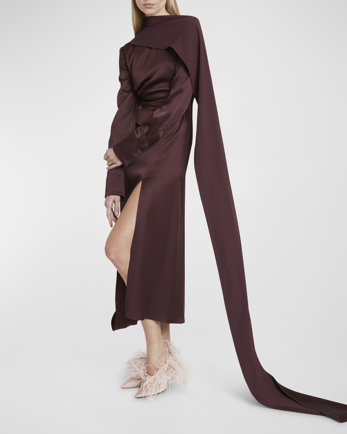 Long-Sleeve Draped Scarf Satin Maxi Dress - 7