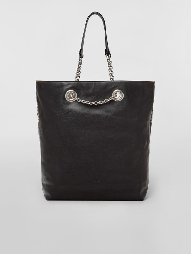 CHECK WOOL SHOPPING BAG WITH LEATHER HANDLES - 3