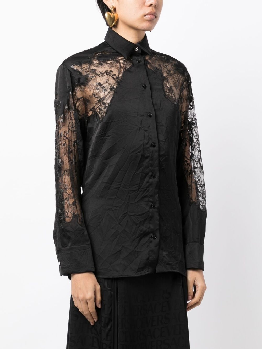 sheer-lace crinkled satin shirt - 3