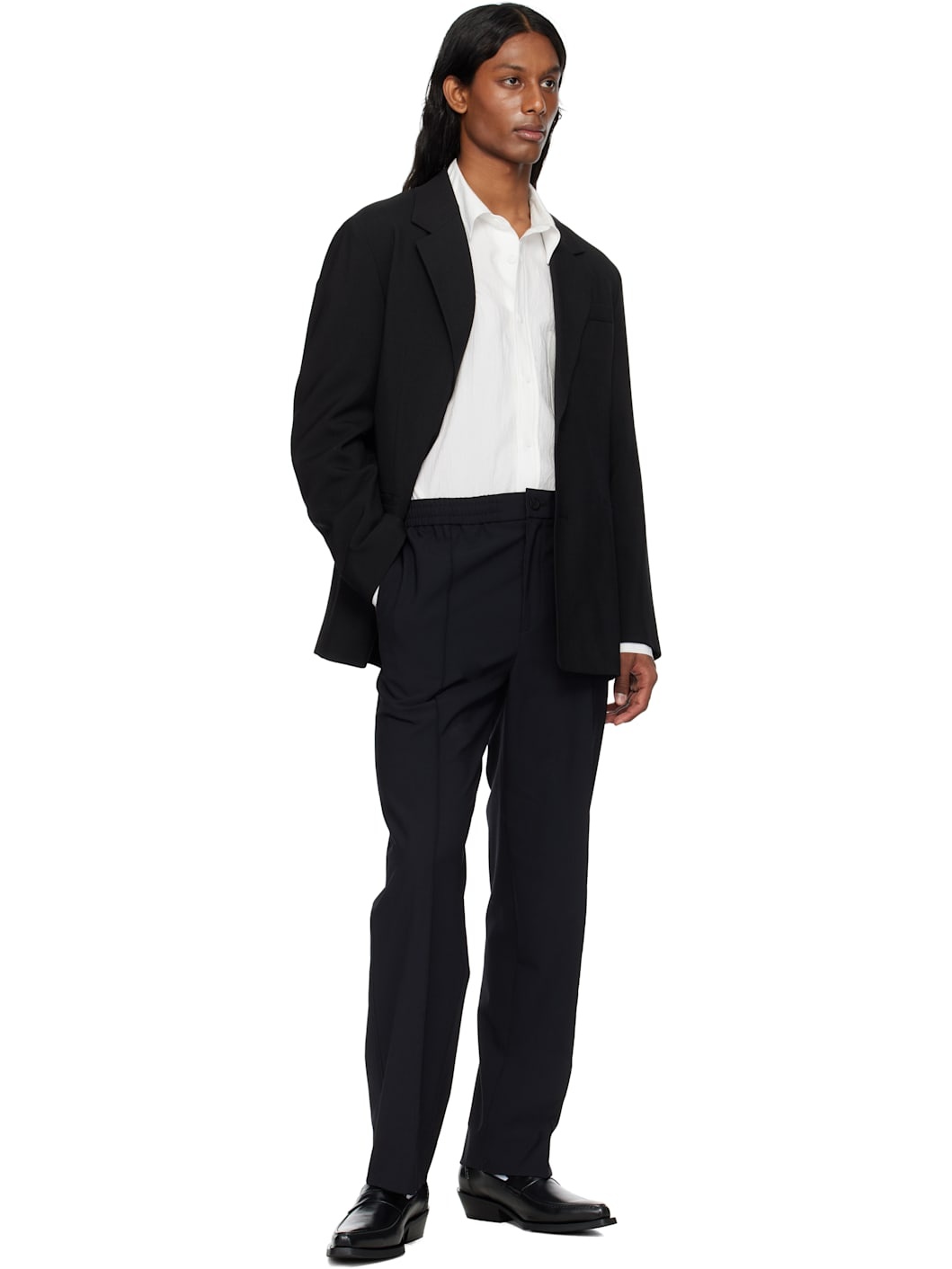 Black Wool Pintuck Banding Pants - 4