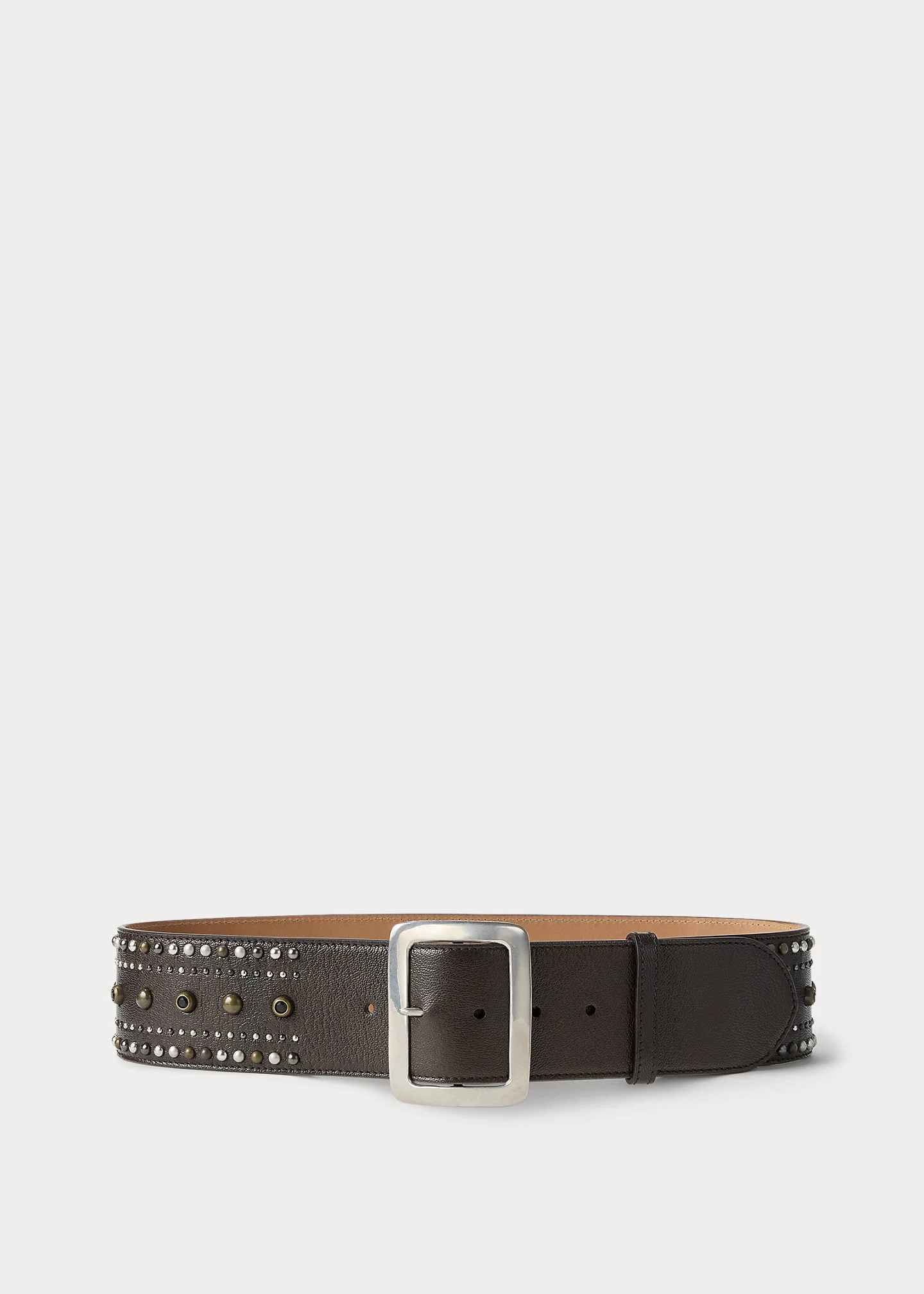 Square-Buckle Studded Leather Wide Belt - 1