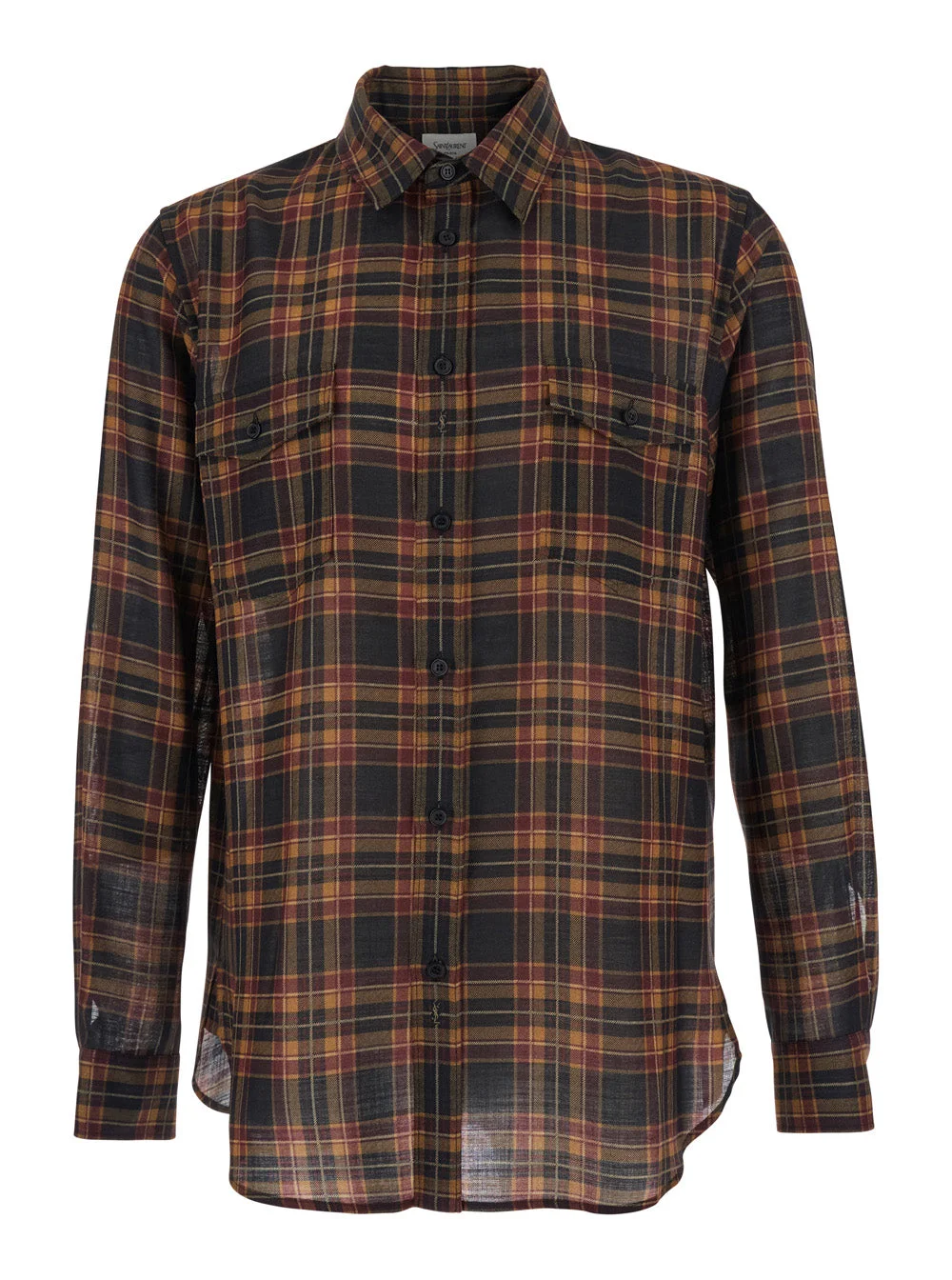 Saint Laurent Men Brown Shirt With Pointed Collar And All-Over Tartan Motif In Wool Man - 1