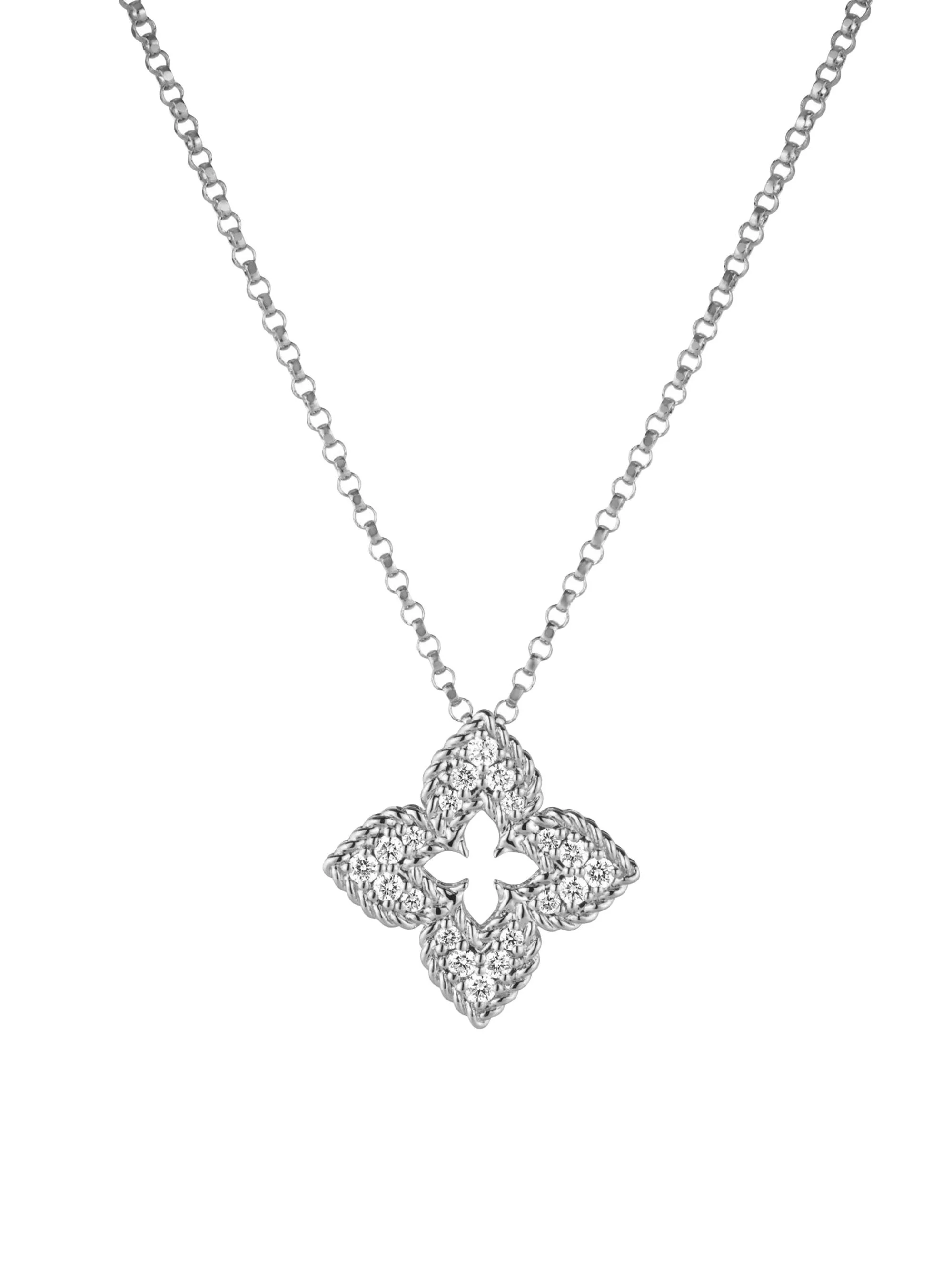 Women's 18Kt White Gold & Pave Diamond Petite Venetian Small Flower Necklace - White Gold - 1