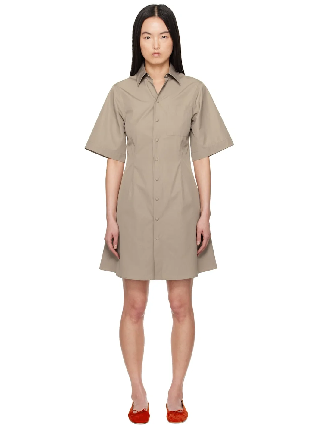 Taupe Cotton Short Sleeve Shirt Minidress - 1