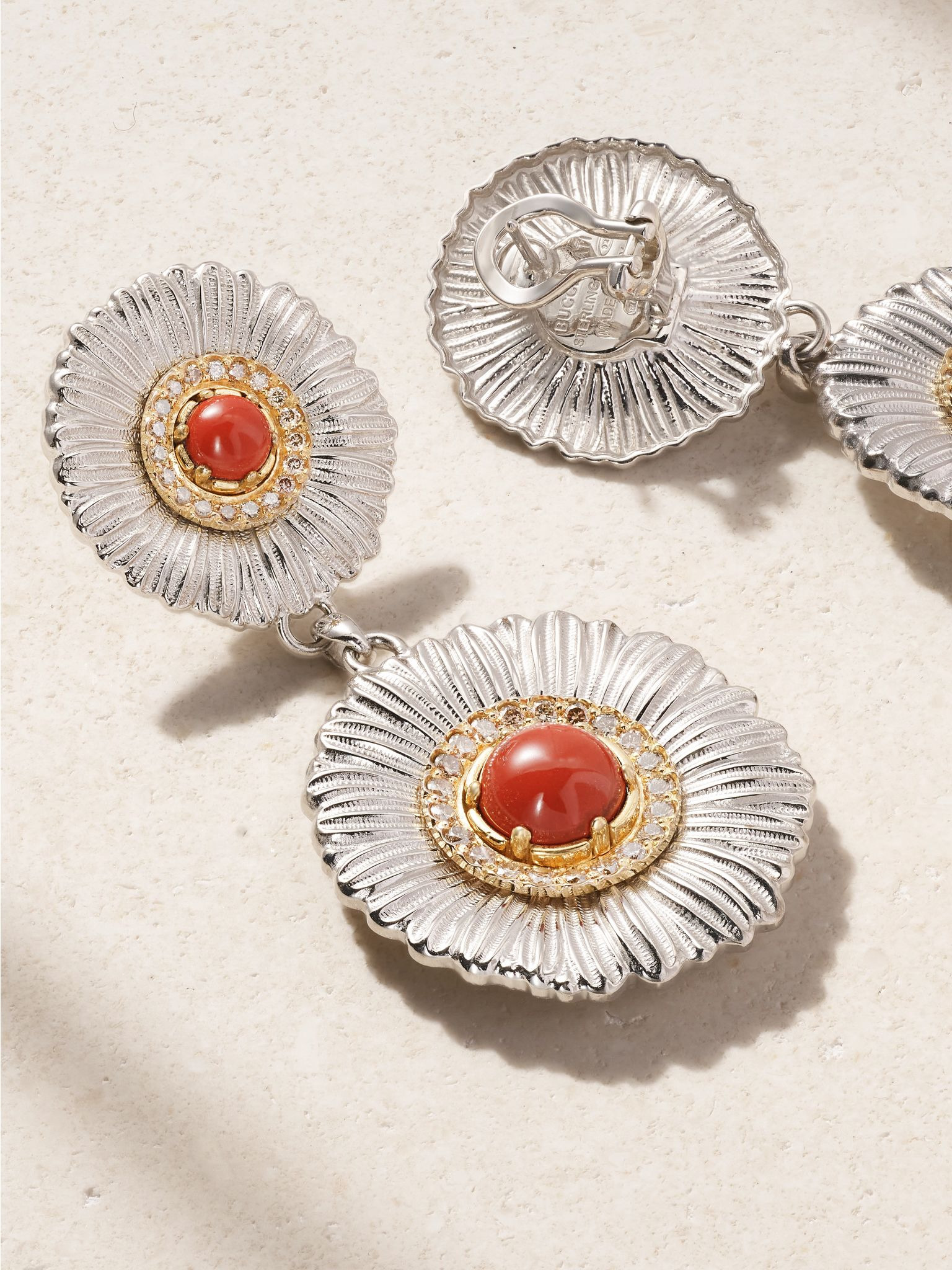 Blossoms sterling silver and gold vermeil, jasper and diamond earrings Silver - 3