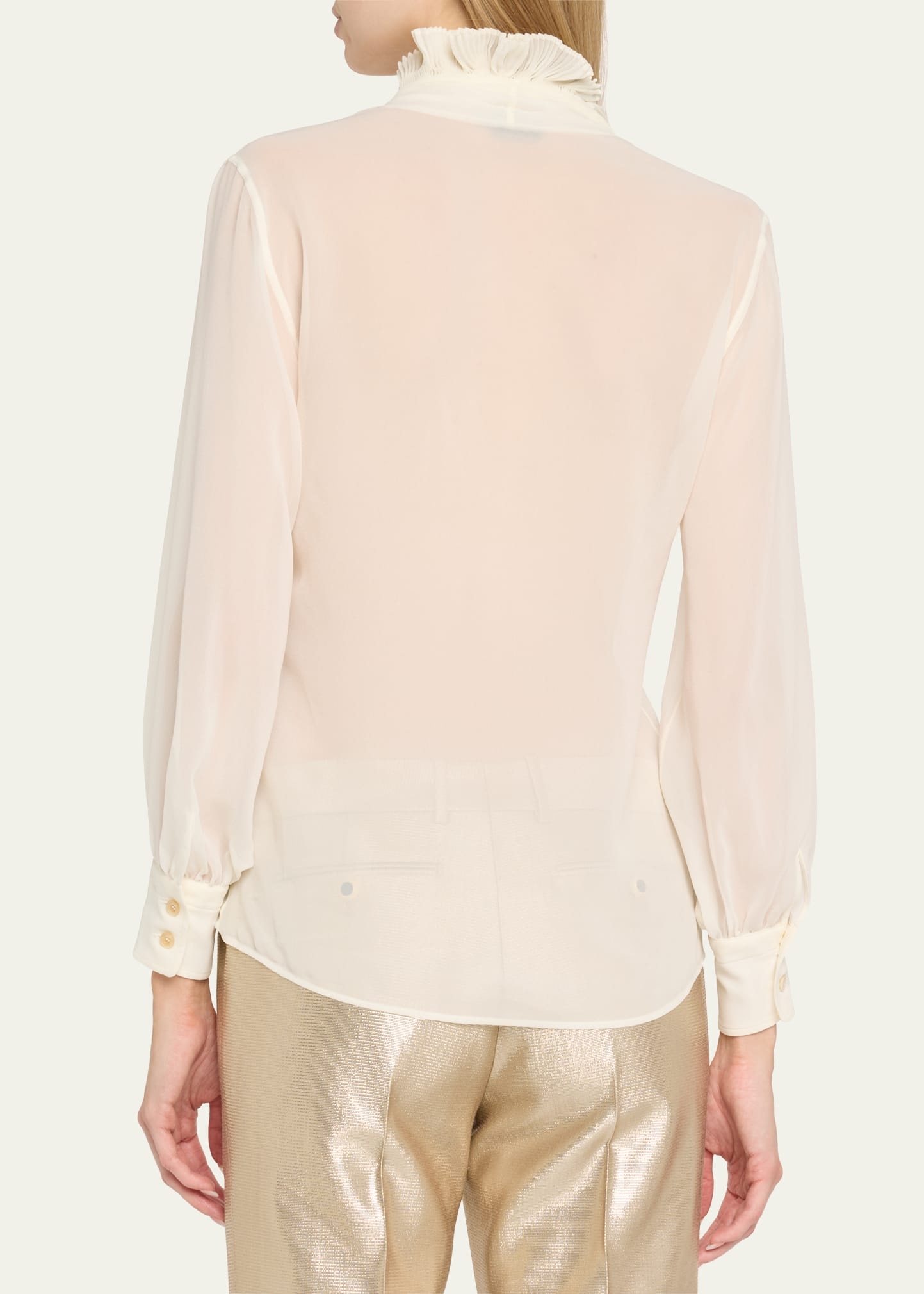 Pleated Puff Sleeve Blouse with Ruffle Trim - 3