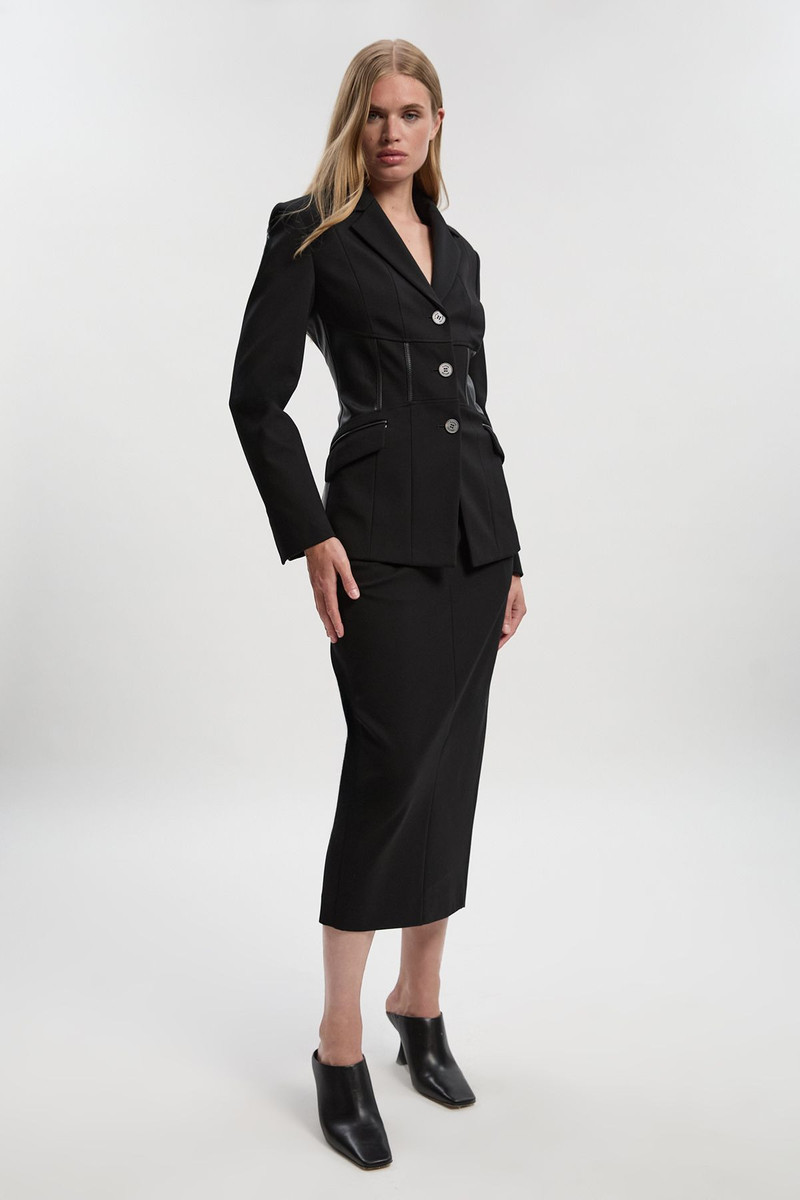 Ponte And Pu Mix Tab Detail Tailored Pencil Midi Skirt 4