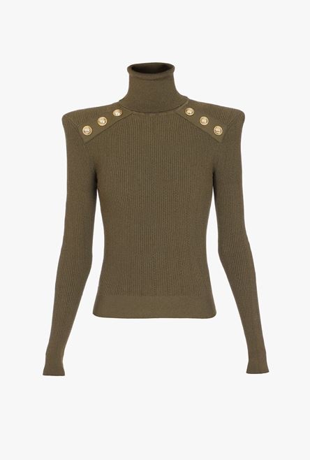 Khaki knit sweater with gold-tone buttons - 1