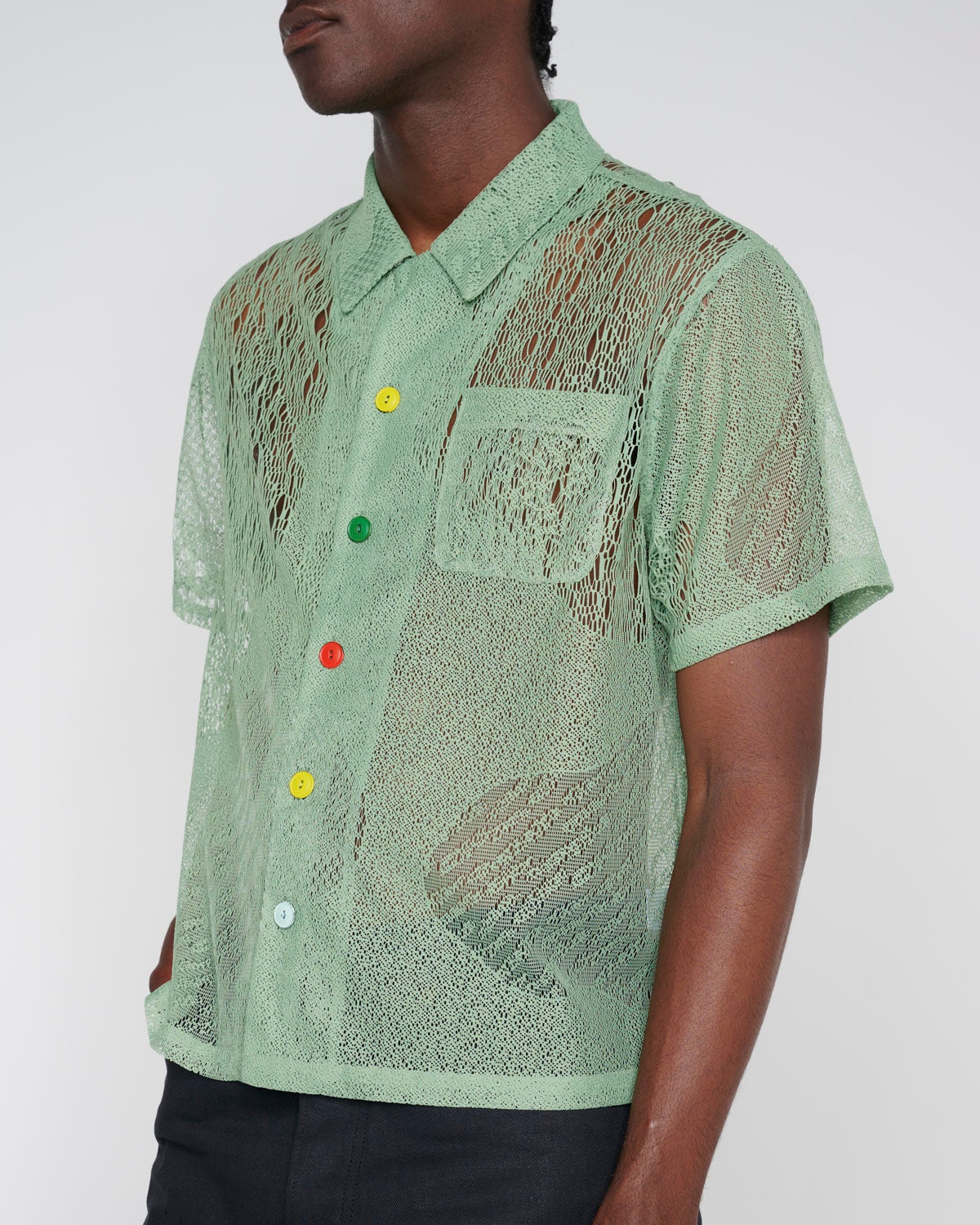 Engineered Mesh Short Sleeve Button Up - Green - 6