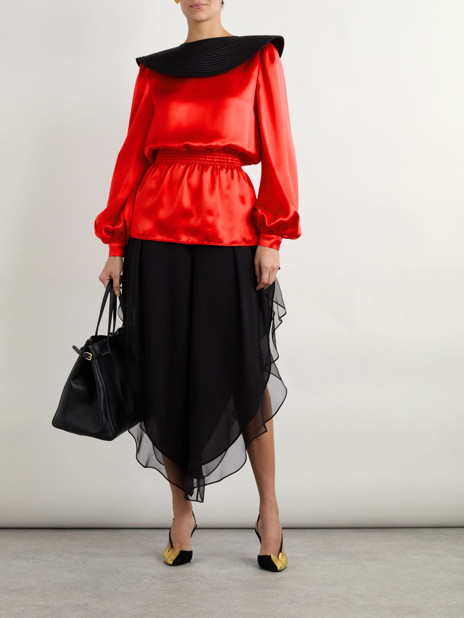 Asymmetric ruffled silk-chiffon wide-leg pants Black - 2