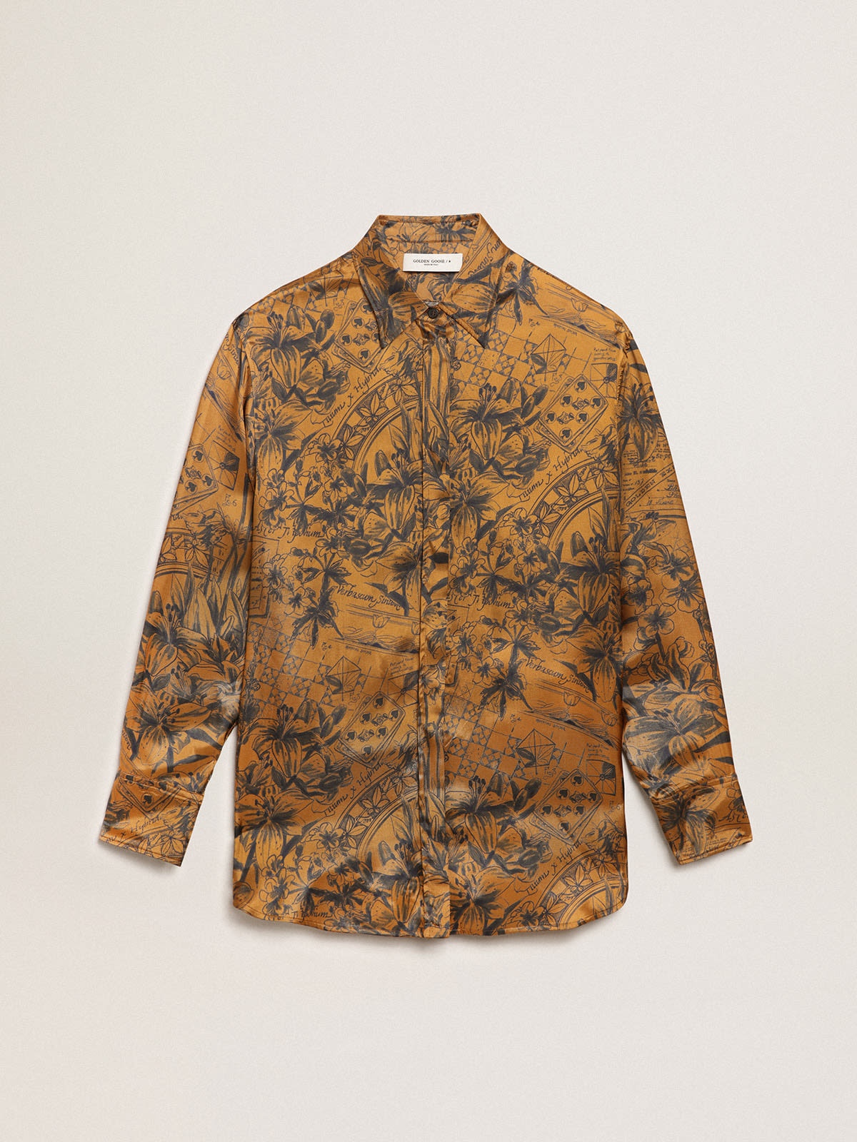 Women's golden brown boyfriend shirt with notebook print - 1