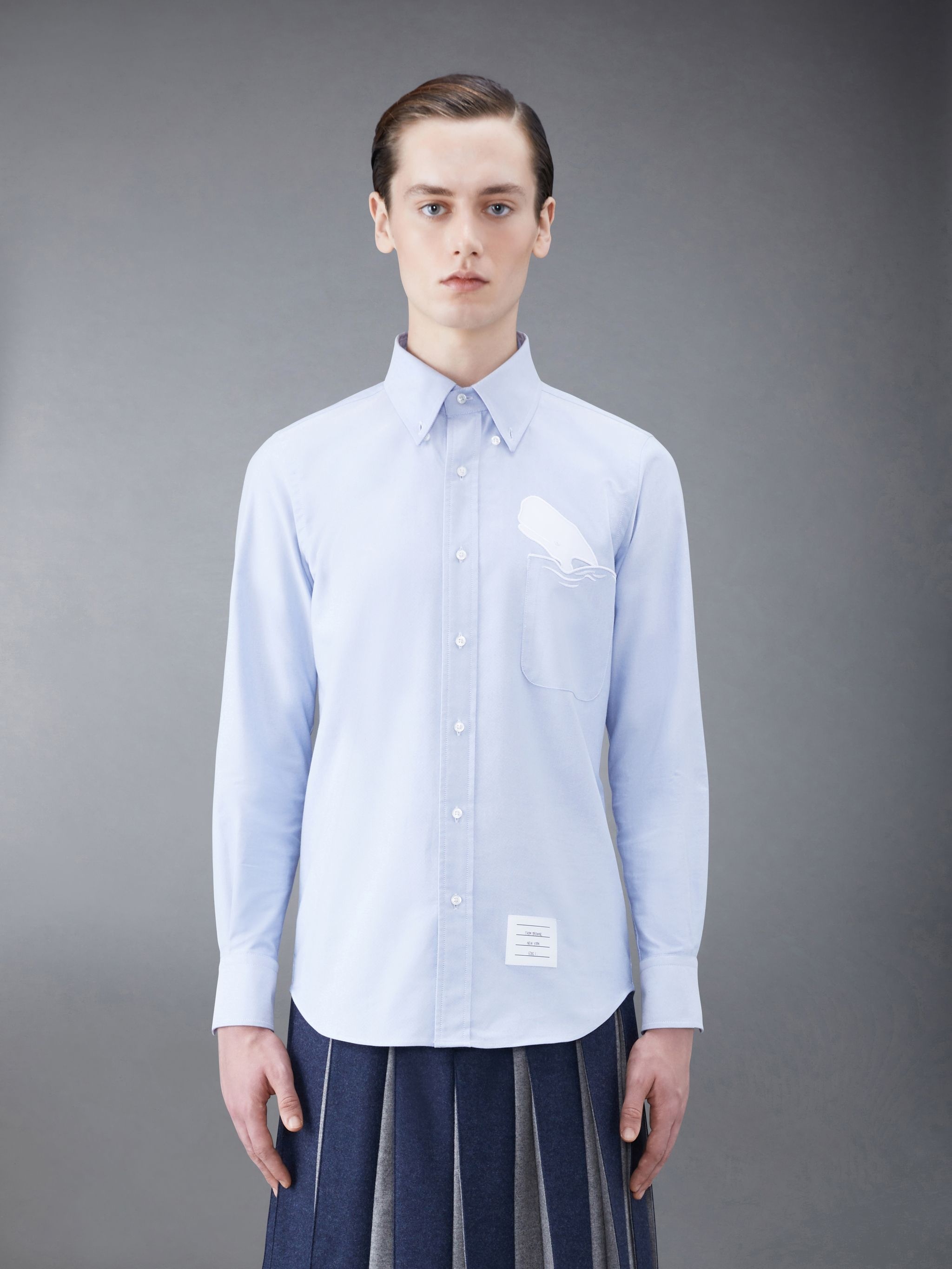Solid Oxford Embroidered Whale Straight Fit Shirt - 2