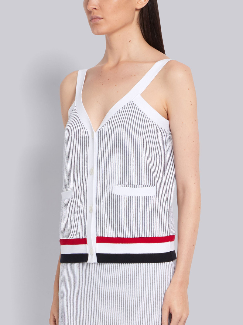 Thom Browne Medium Grey Seersucker RWB Ribbed V-Neck Cardigan Tank Top outlook