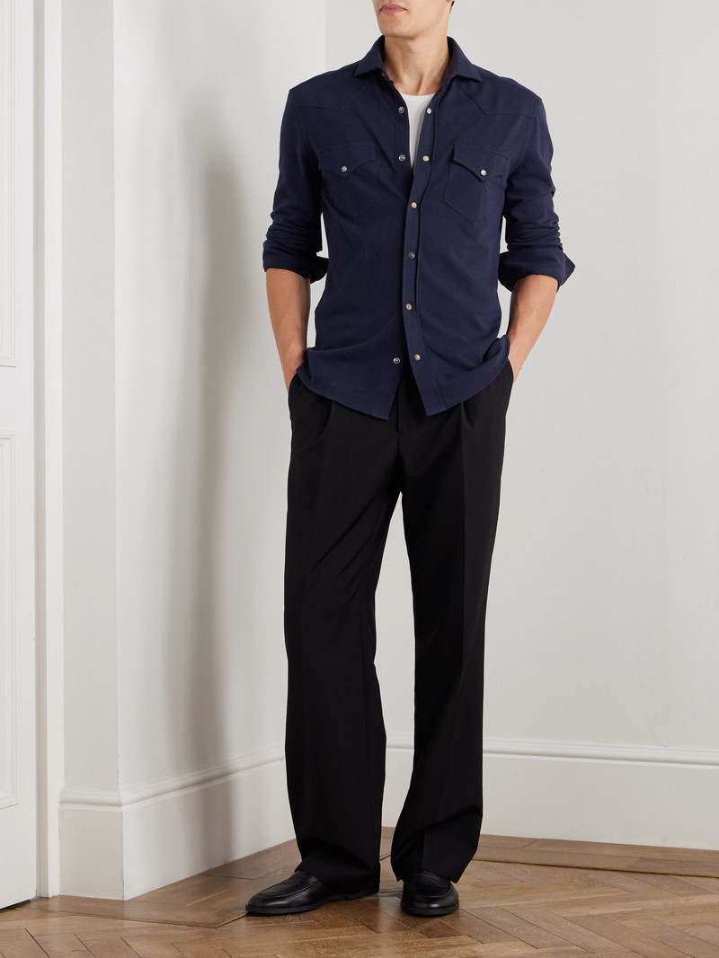 Brunello Cucinelli Slim-Fit Cotton-Piqué Western Shirt Blue outlook