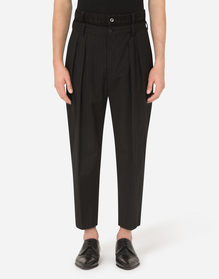 Pinstripe cotton pants with double denim belt - 1