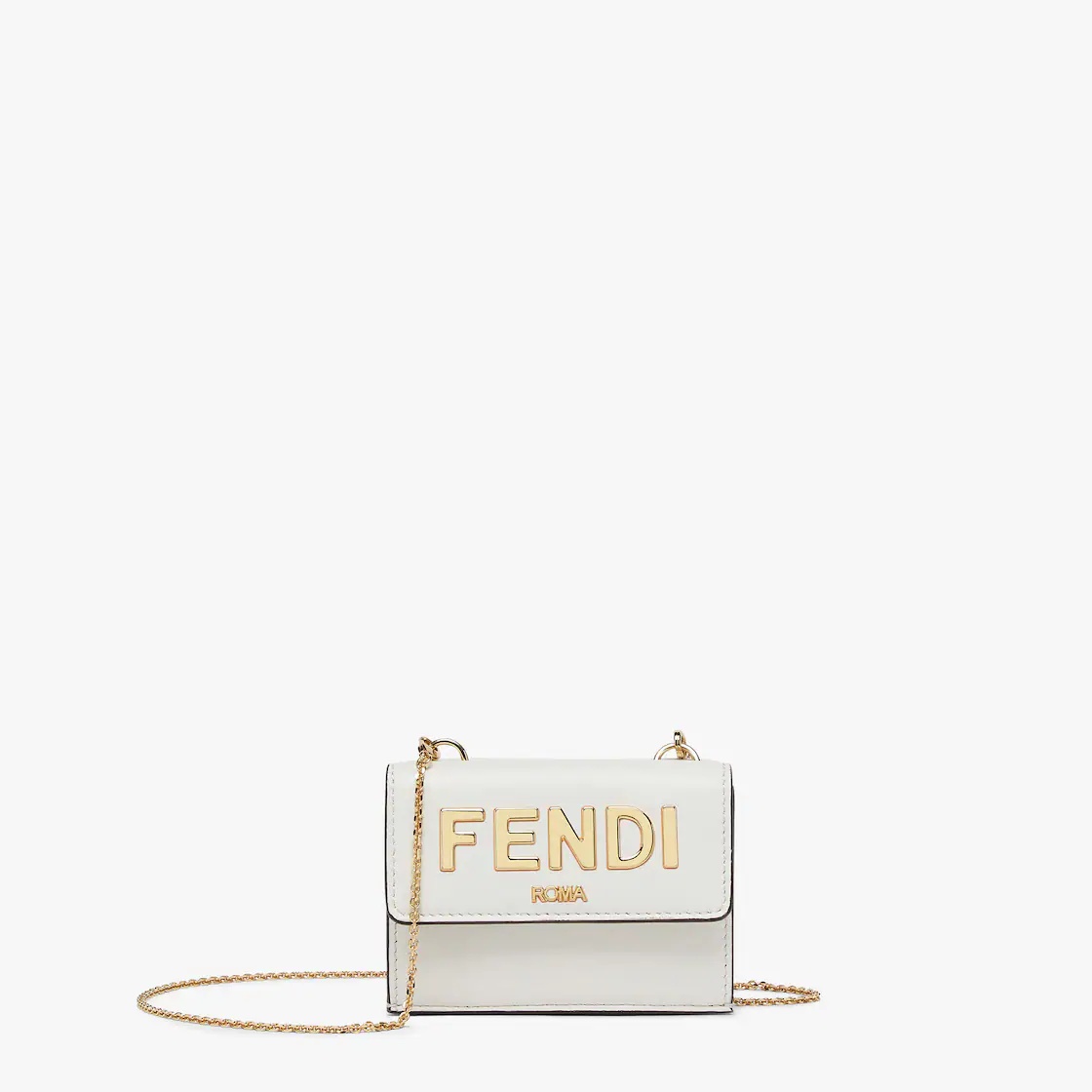 Compact-design tri-fold Fendi Roma wallet with metal chain. Interior features ten card slots, two fl 1