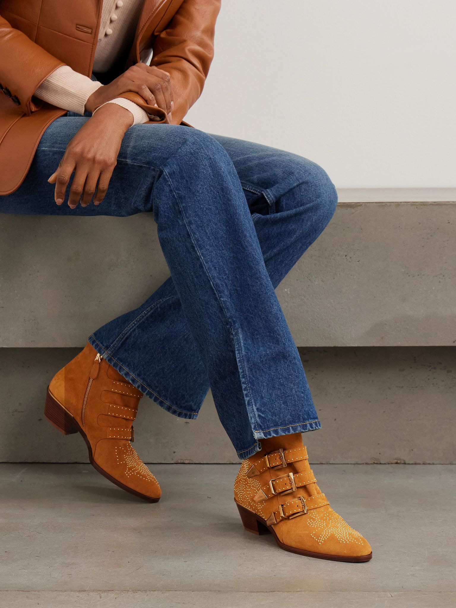 Susan buckled studded suede ankle boots Camel - 2