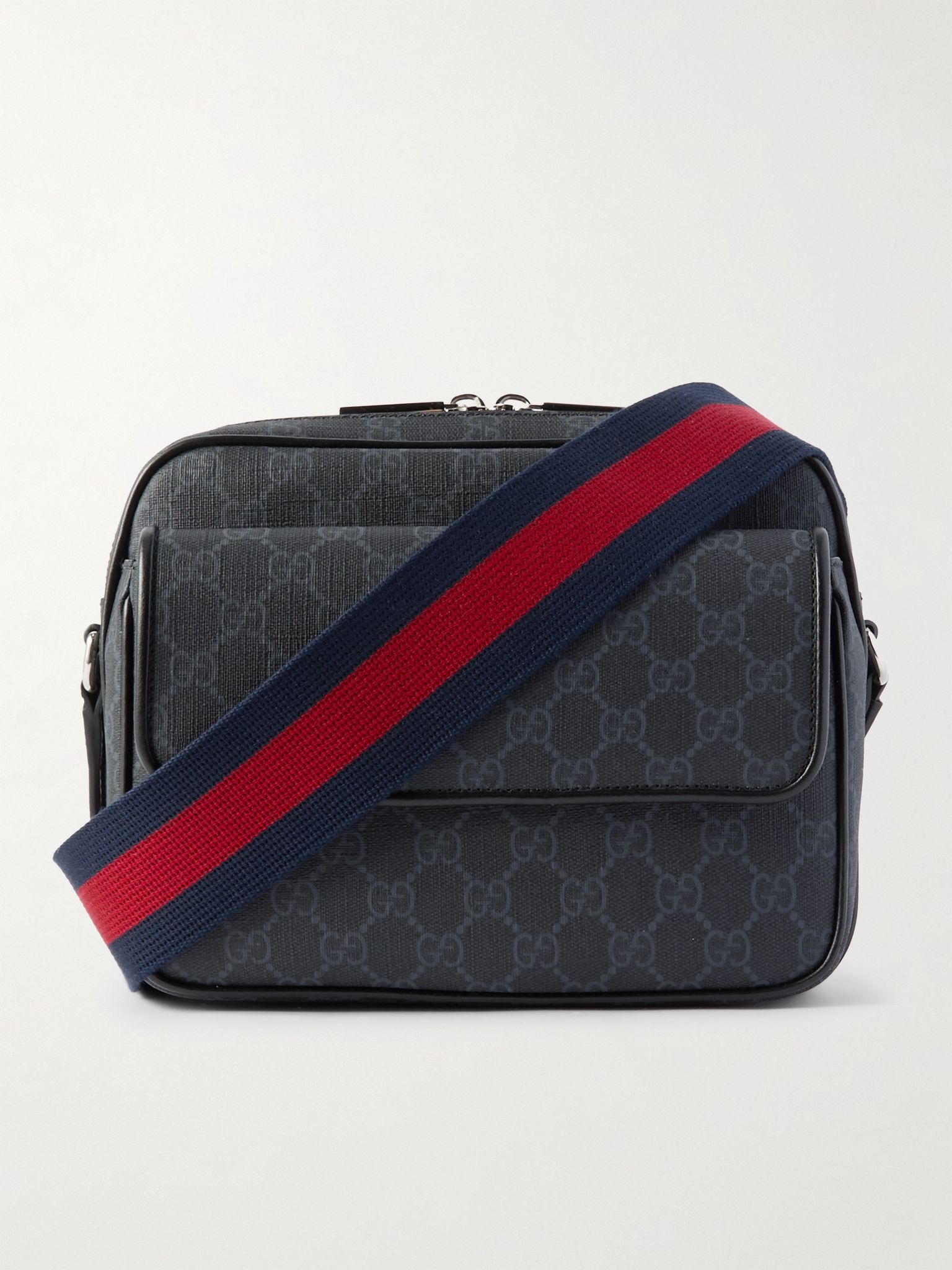 Small Leather-Trimmed Monogrammed Coated-Canvas Messenger Bag Black - 1