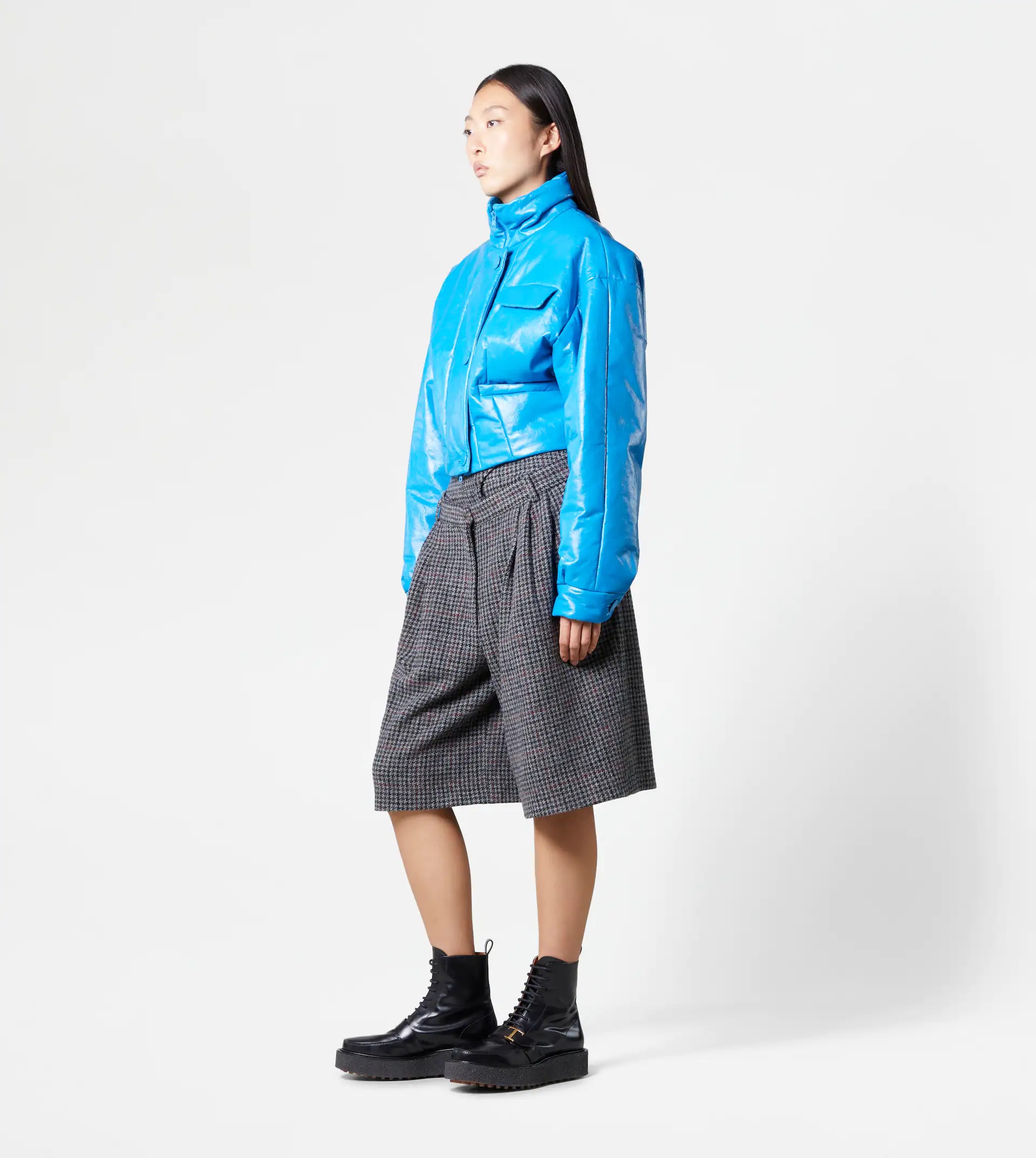 CROPPED PADDED LEATHER JACKET - BLUE - 4