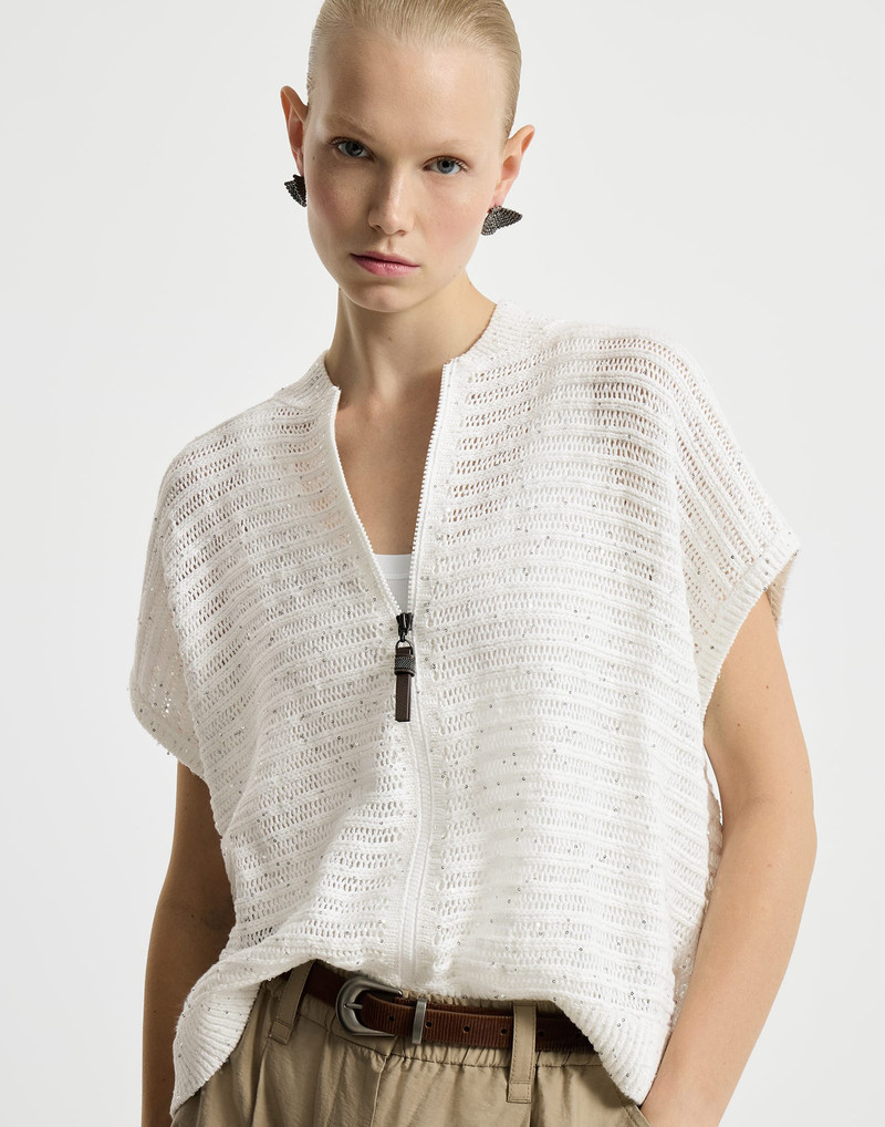 Linen diamond yarn cardigan with openwork stripes and shiny zipper pull 5