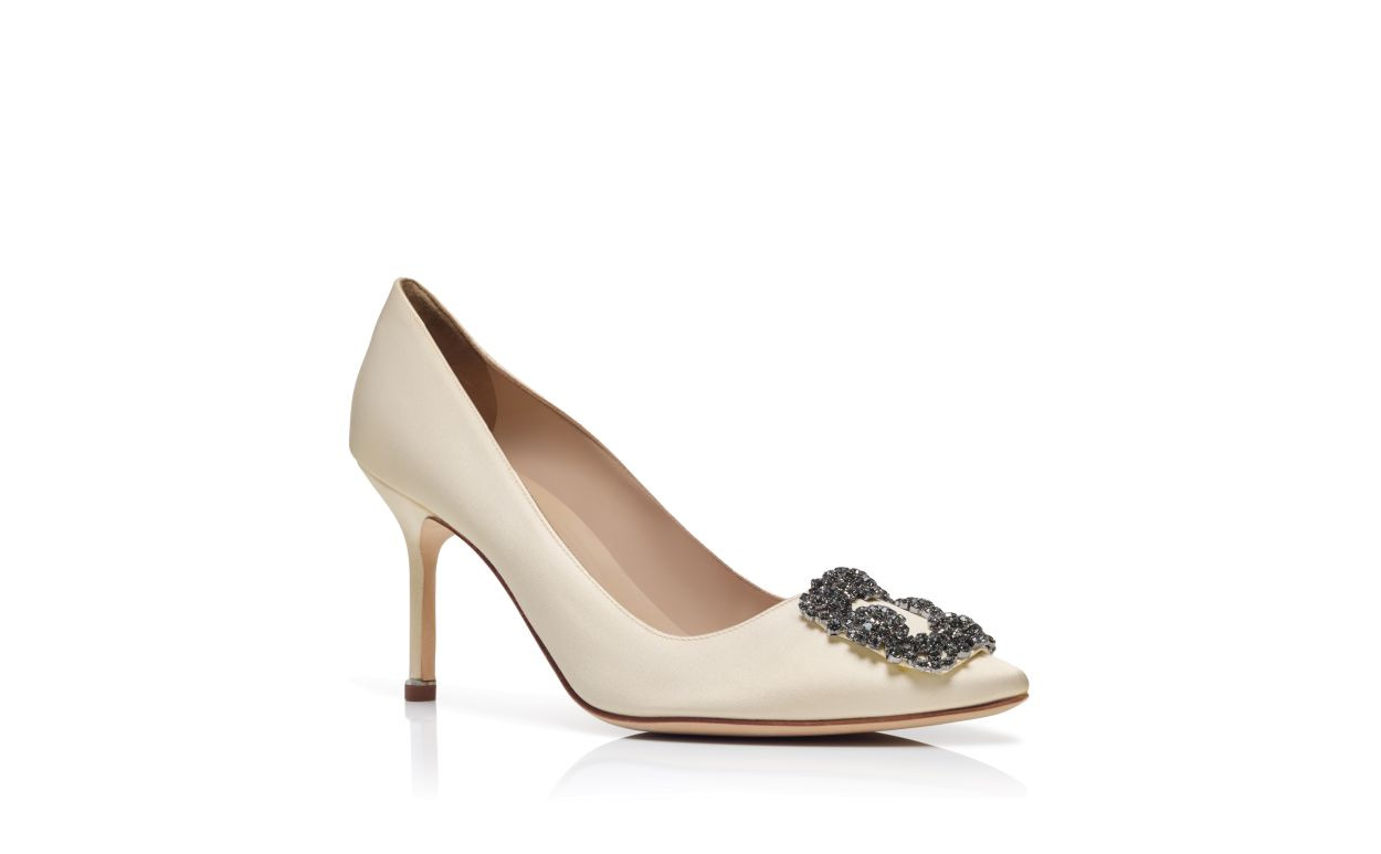 White Satin Jewel Buckle Pumps - 3