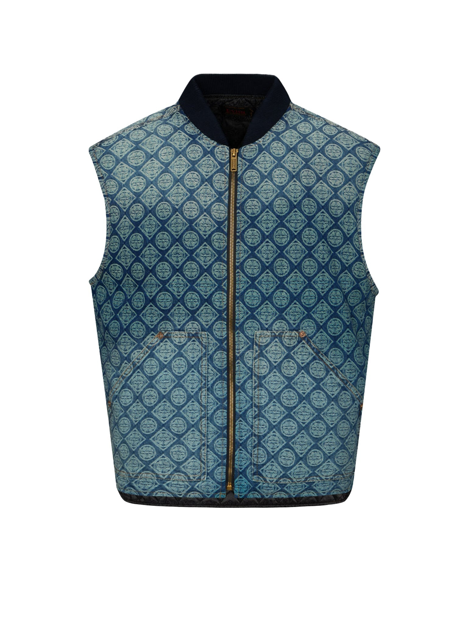 WASHED KAMON JACQUARD RELAX FIT DENIM PADDED VEST - 14