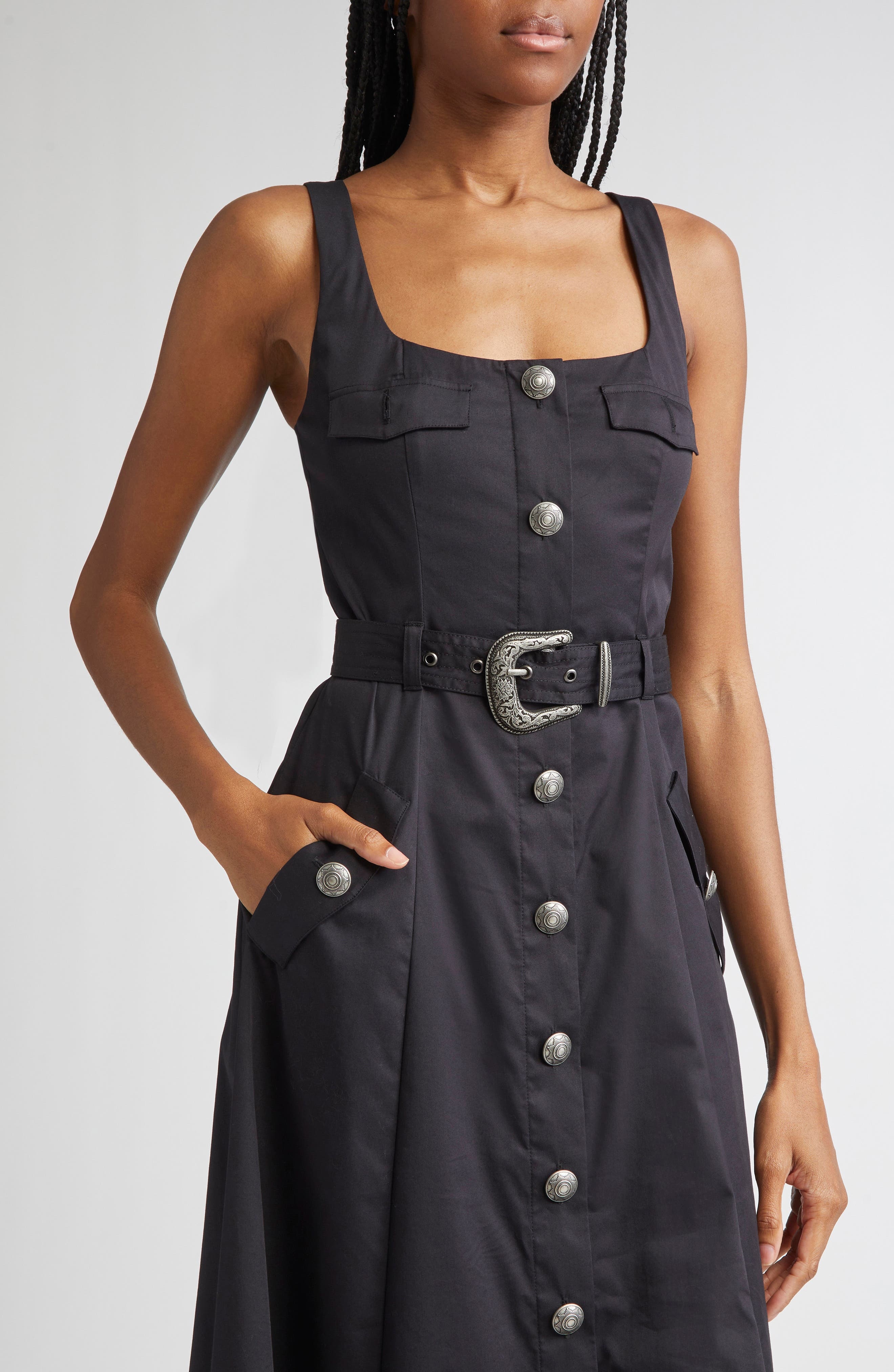 L'AGENCE Tazia Belted Cotton Blend A-Line Dress in Black at Nordstrom - 4