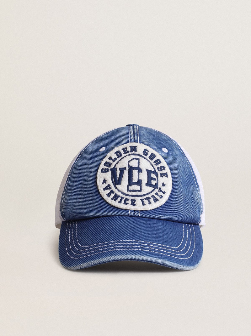 Hat in vintage light blue cotton with white mesh and patch on the front 1