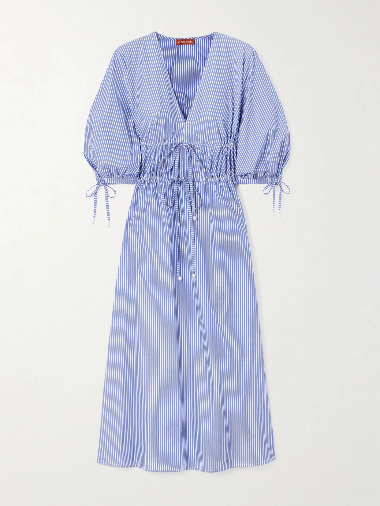 Donrine Faux Pearl-embellished Tie-detailed Striped Cotton Midi Dress - 1