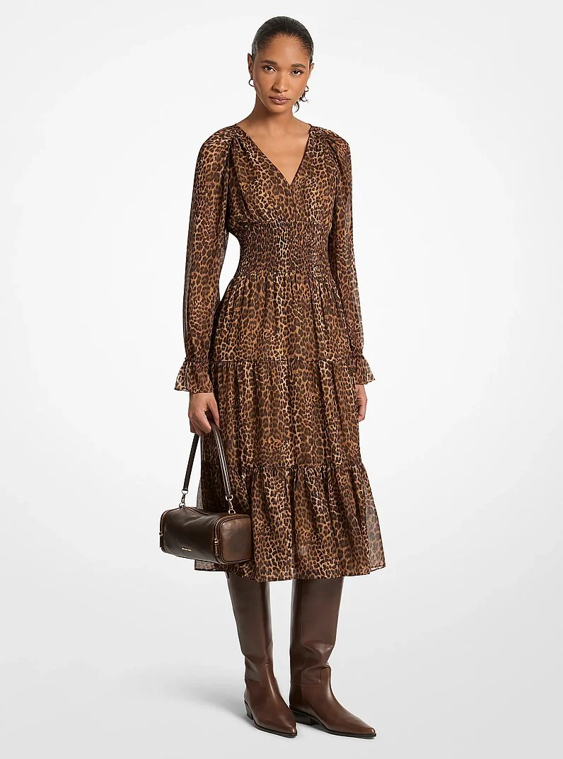 Leopard Print Georgette Midi Dress - 1