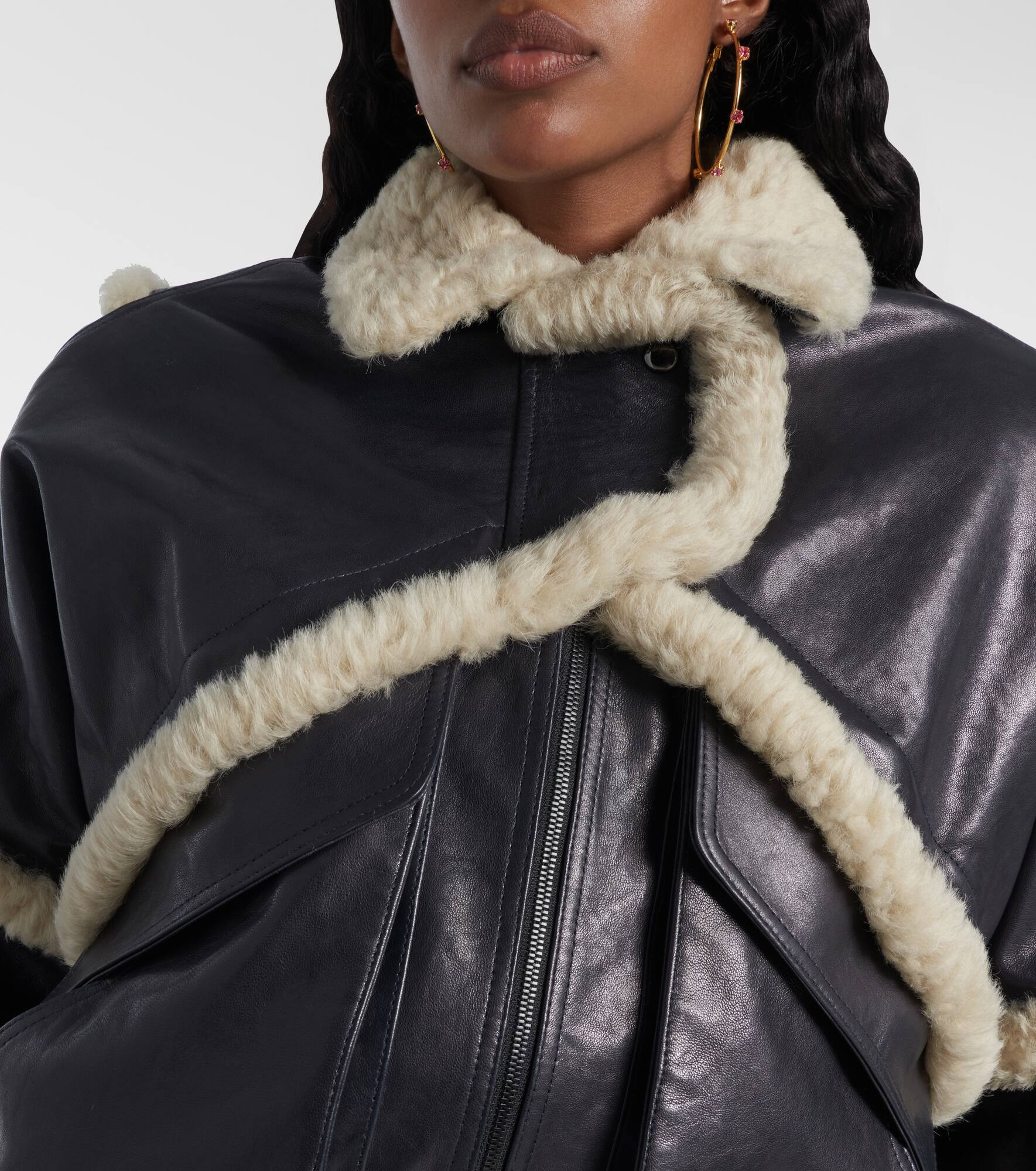 Shearling-trimmed leather bomber jacket - 5
