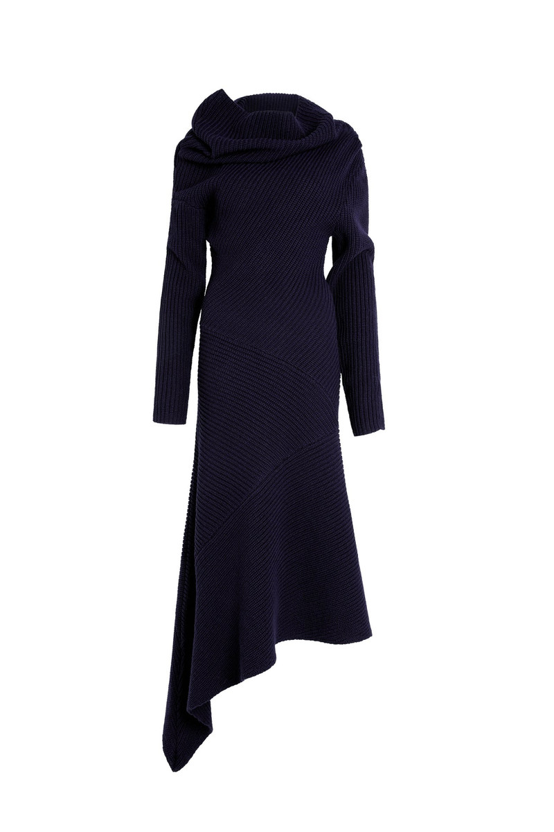 KNITTED PATCHWORK RIB DRESS WITH HIGH NECK NAVY 3