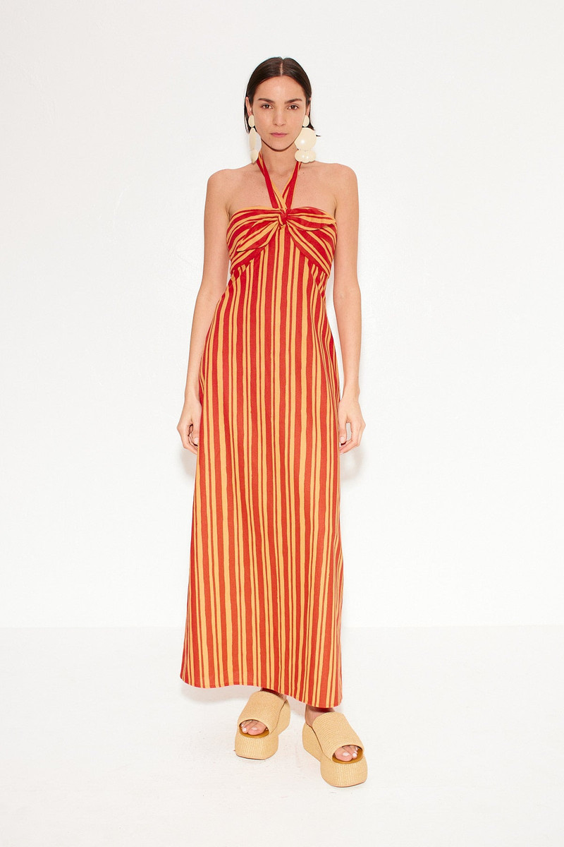 Del Linen Dress In Retro Red Orange Stripe 1