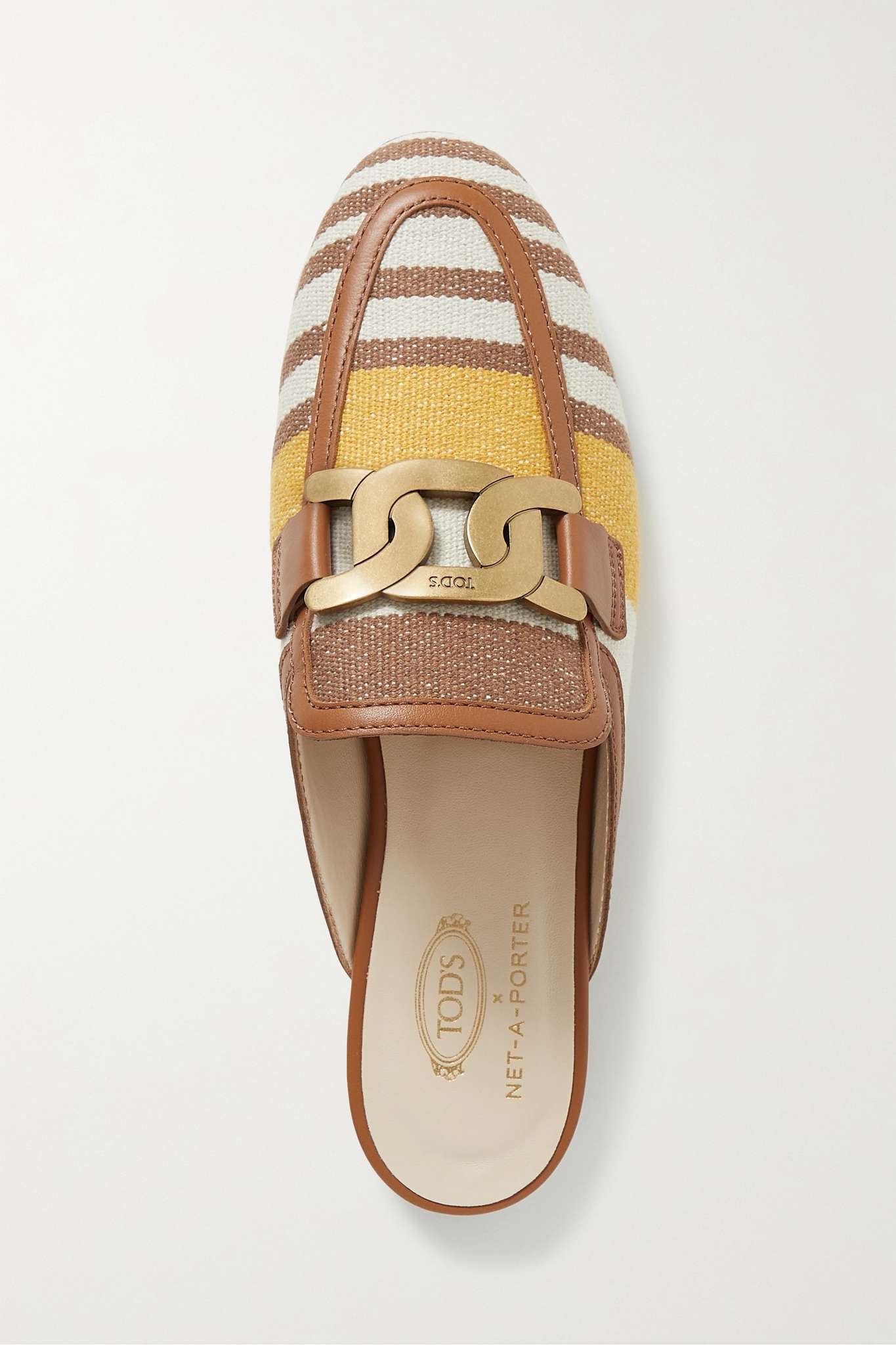 Embellished leather-trimmed striped canvas slippers - 5