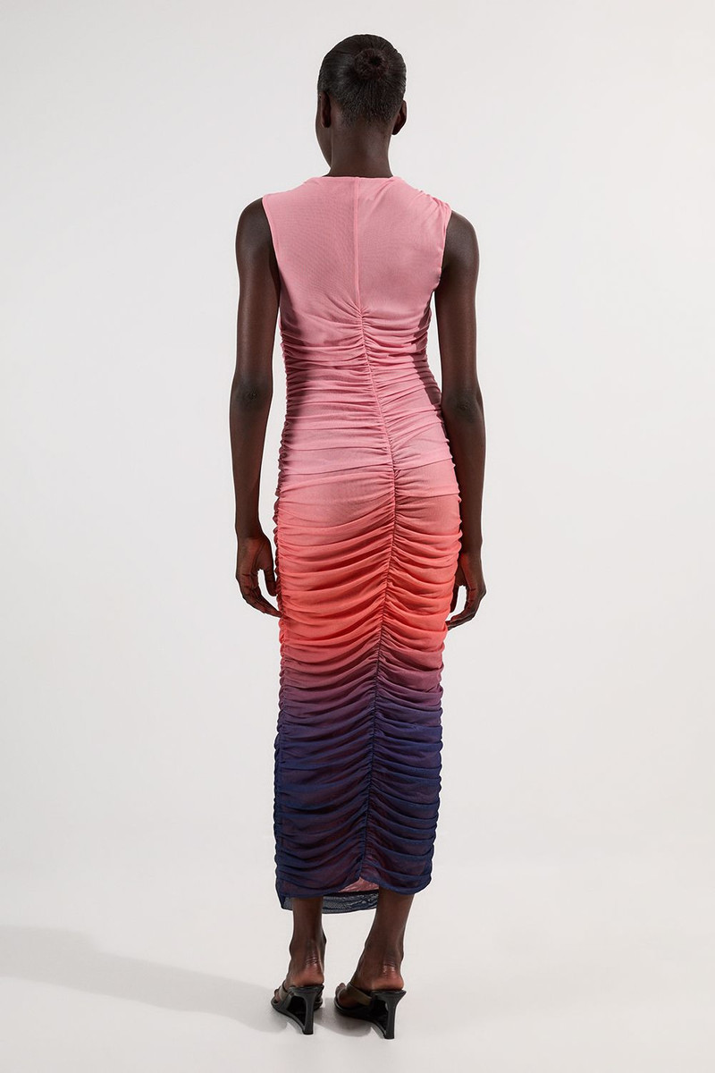 Sunset Ombre Mesh Ruched Jersey Maxi Dress 5
