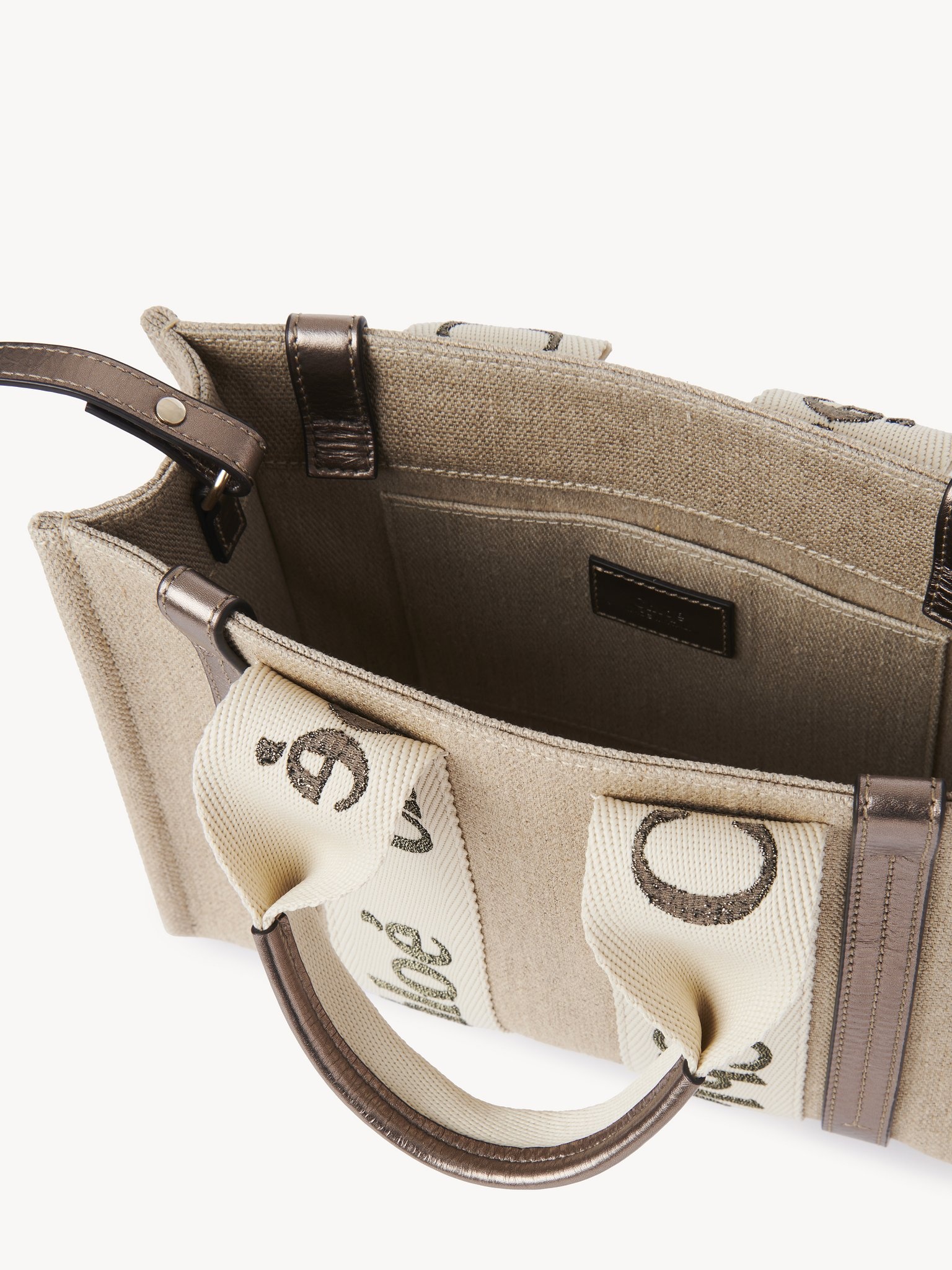 SMALL WOODY TOTE BAG IN LINEN & LEATHER - 5