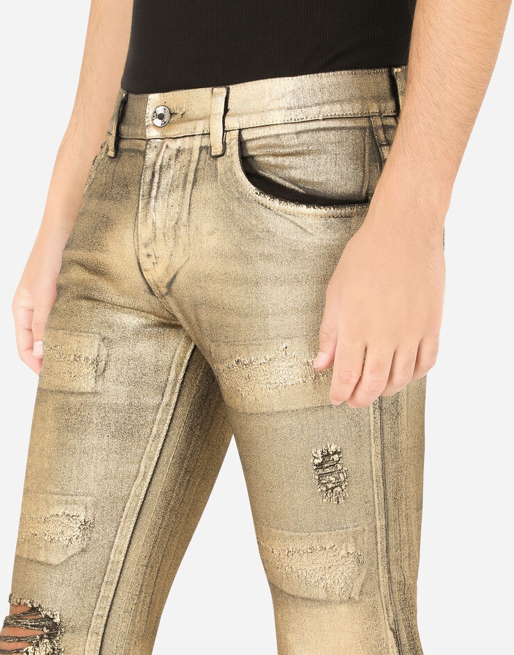 Black skinny stretch jeans with gold coating - 4