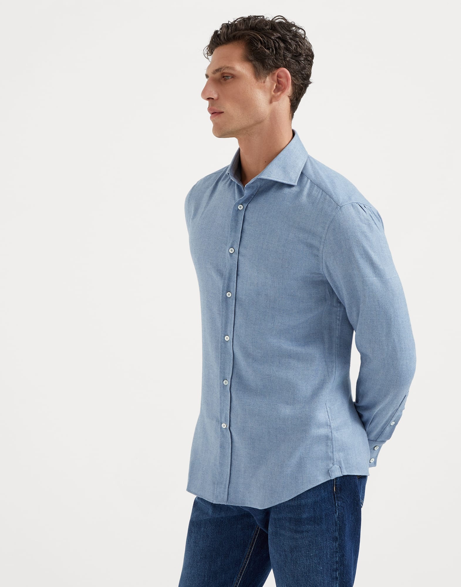 Stretch cotton chevron flannel slim fit shirt with spread collar - 1