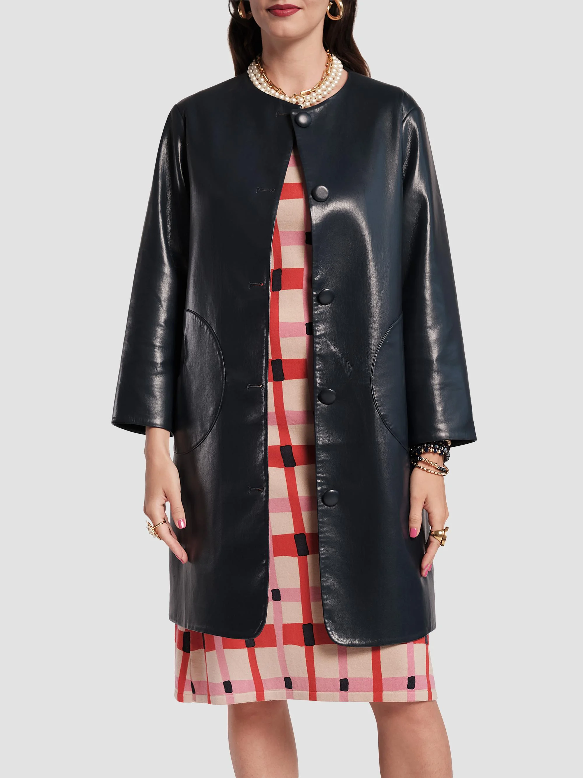 Women's Mod Faux Leather Circular Pocket Jacket - Navy - 1