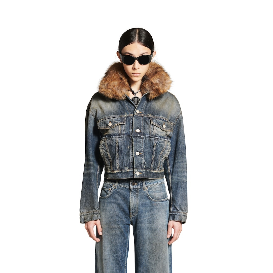 Women's Faux-fur Collar Denim Jacket in Dark Blue - 5