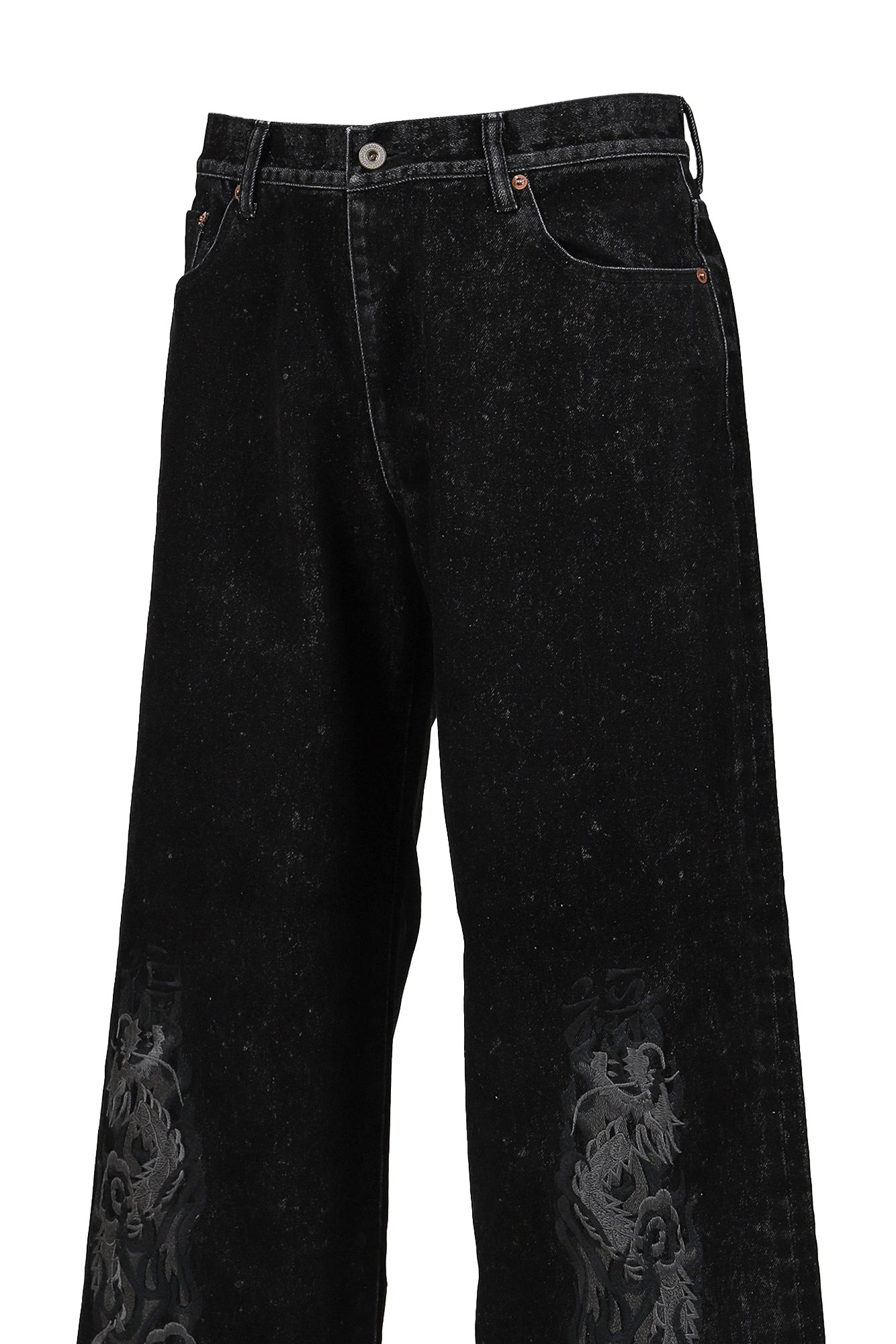 FLOCKED DEINM EMBROIDERED PANTS / BLK - 8