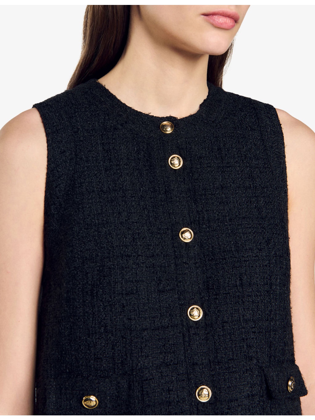 Sleeveless Gold-Toned Buttons Woven Mini Dress - 5