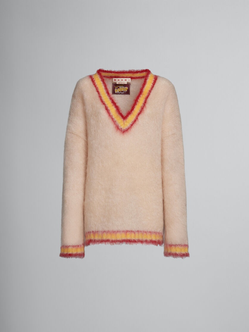 TAN MOHAIR JUMPER WITH STRIPED TRIMS - 1