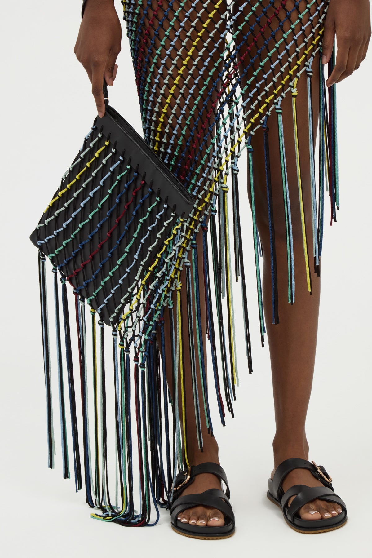 Naila Fringe Pouch in Black Multi Nappa Leather & Silk Macrame - 2